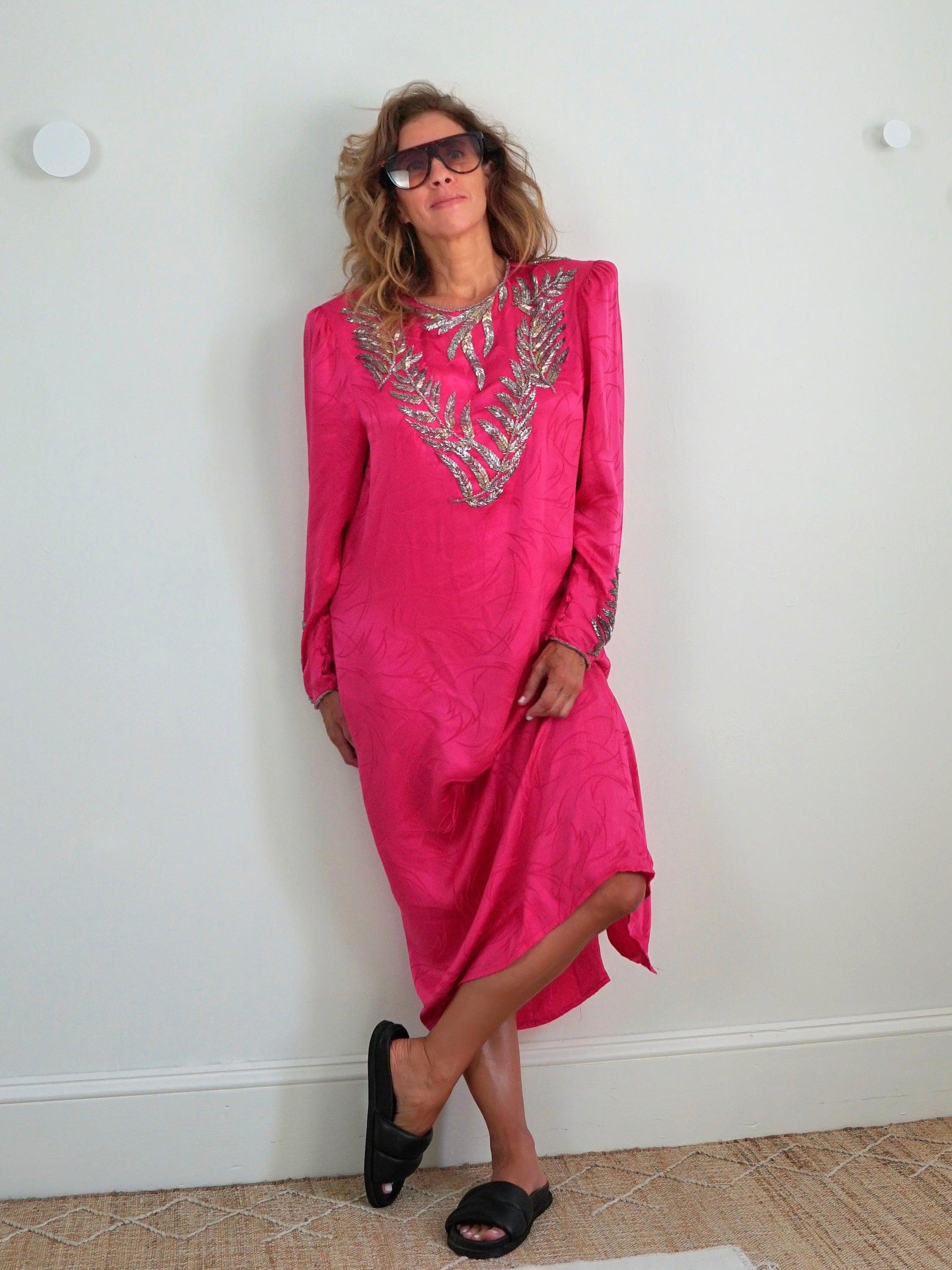 80's Pink Silk Leaf Motif Dress – therapi