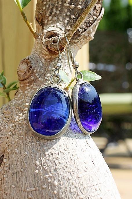 Blue Glass Handmade Bezel Earrings-closiTherapi | vinTage