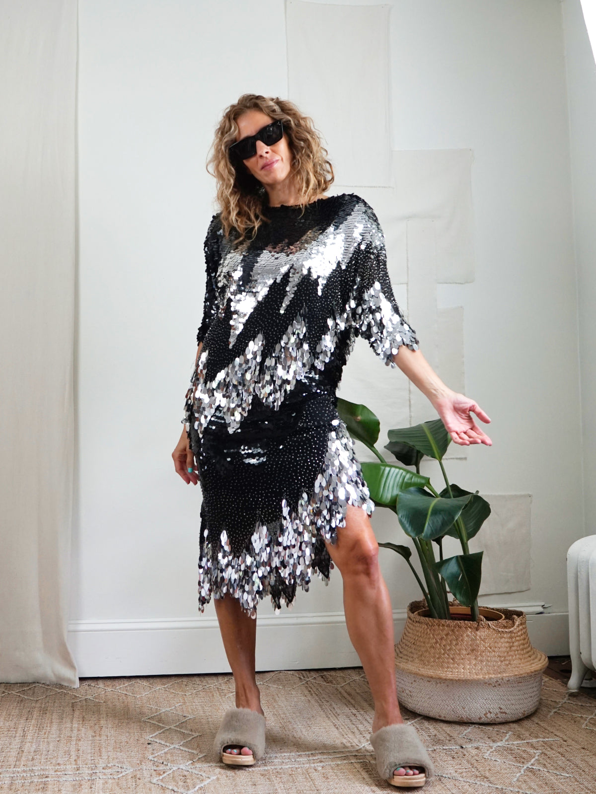 Vintage 80's Black Silk Silver Sequin Dress – therapi