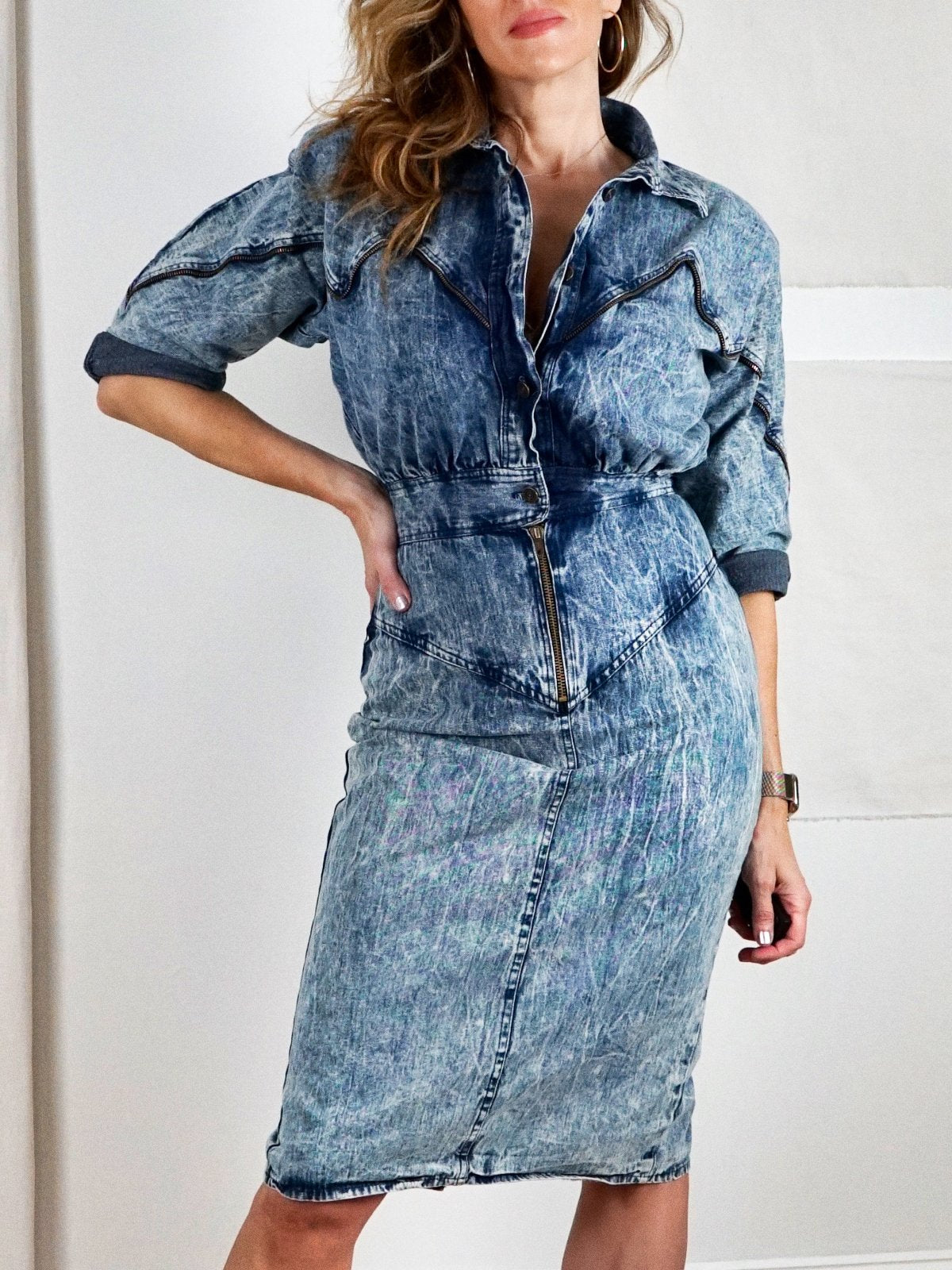 Vintage Acid Wash Denim Zipper Dress therapi Vintage Acid Wash Denim Zipper Dress therapi