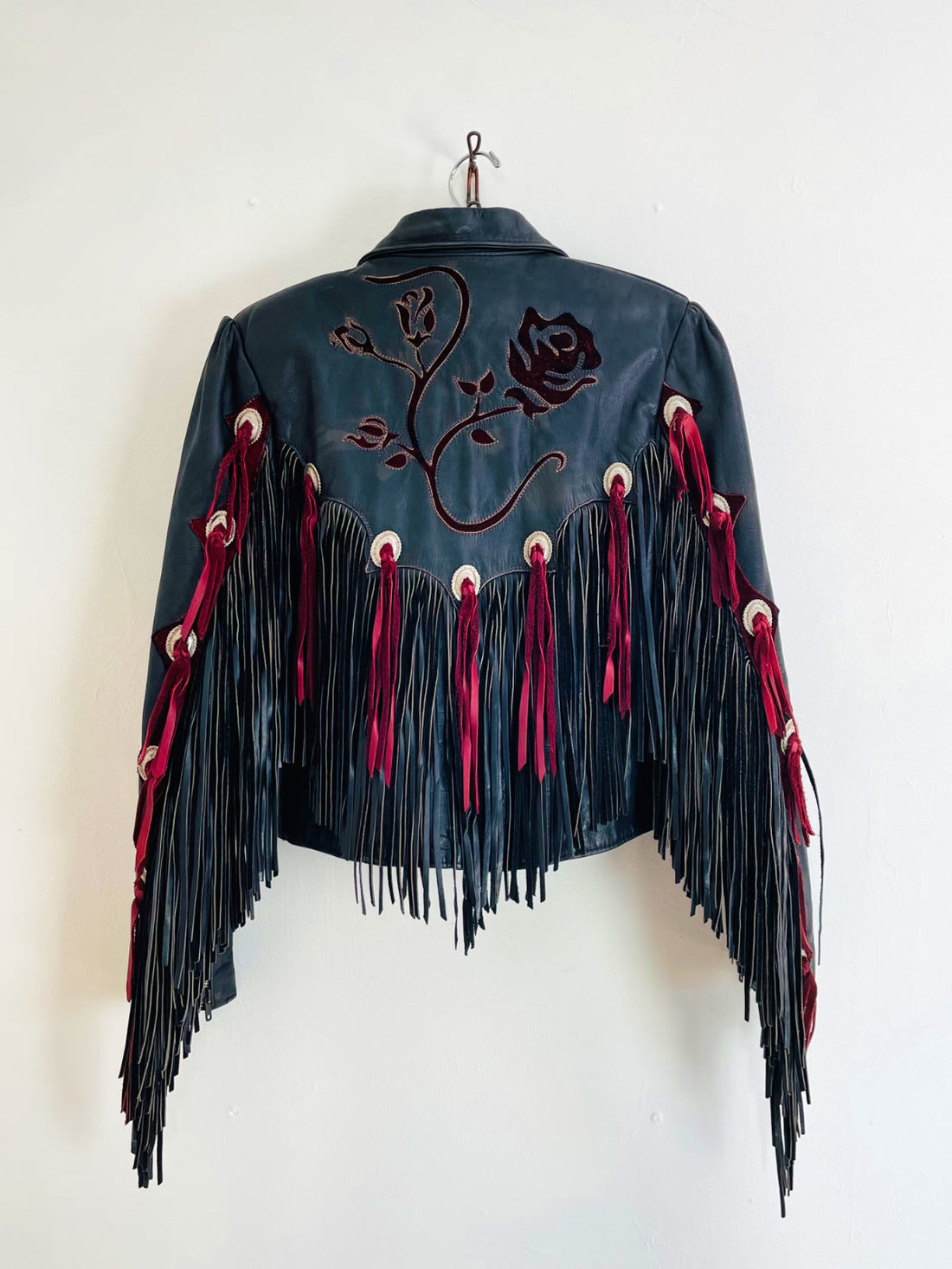 Vintage Black Leather Fringe Rose Jacket-closiTherapi | vinTage