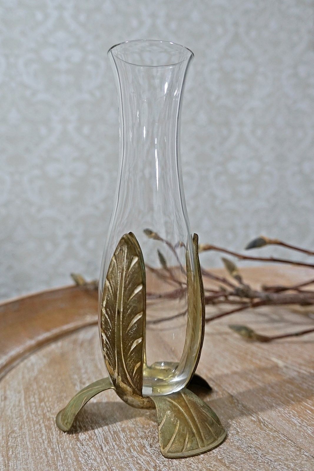 Vintage Glass Brass Leaf Vase-closiTherapi | vinTage