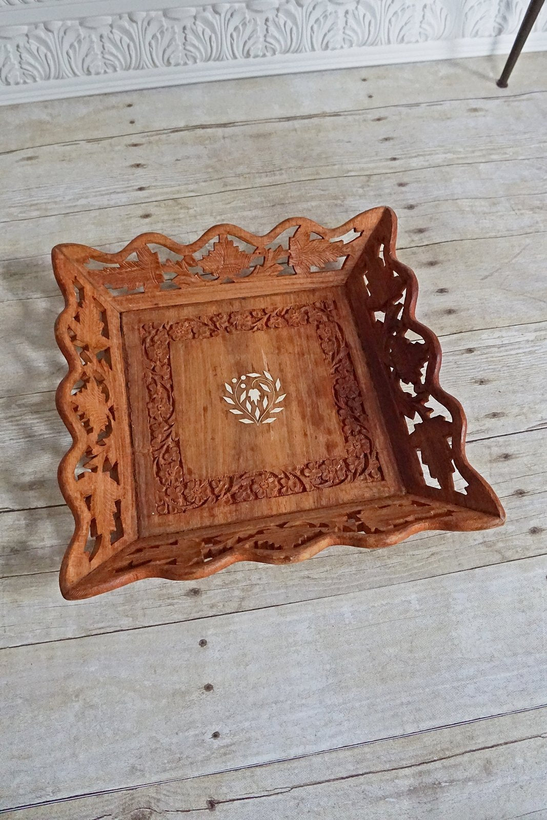 Vintage Handmade Carved Wood Inlay Tray-closiTherapi | vinTage