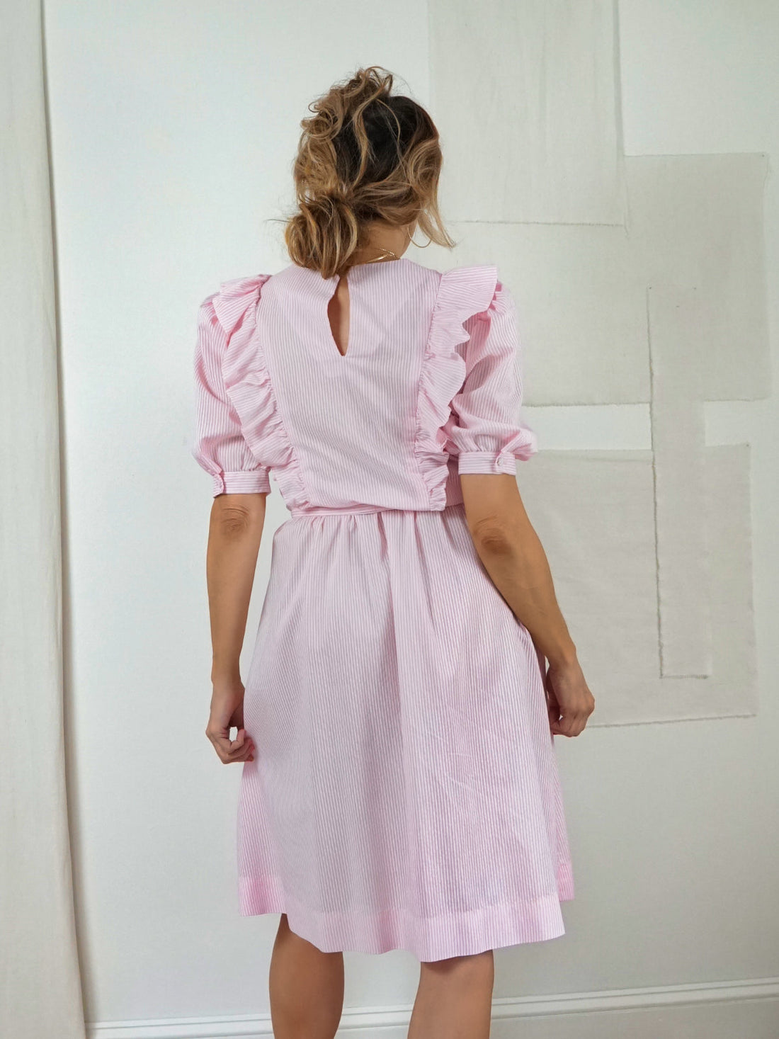 Vintage Pink Stripe Ruffle Dress-closiTherapi | vinTage