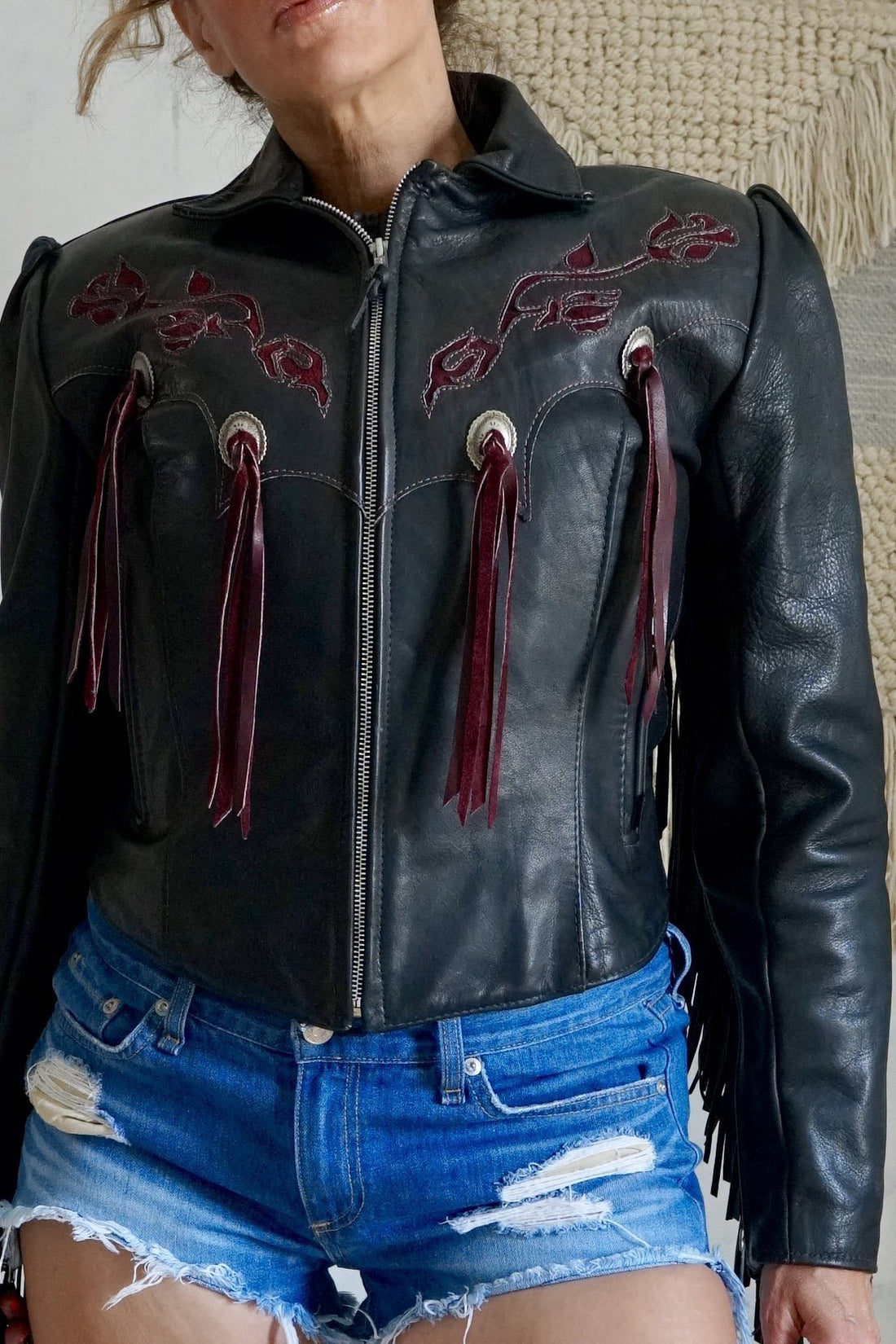 Vintage Wild Rose Leather Fringe Jacket-closiTherapi | vinTage