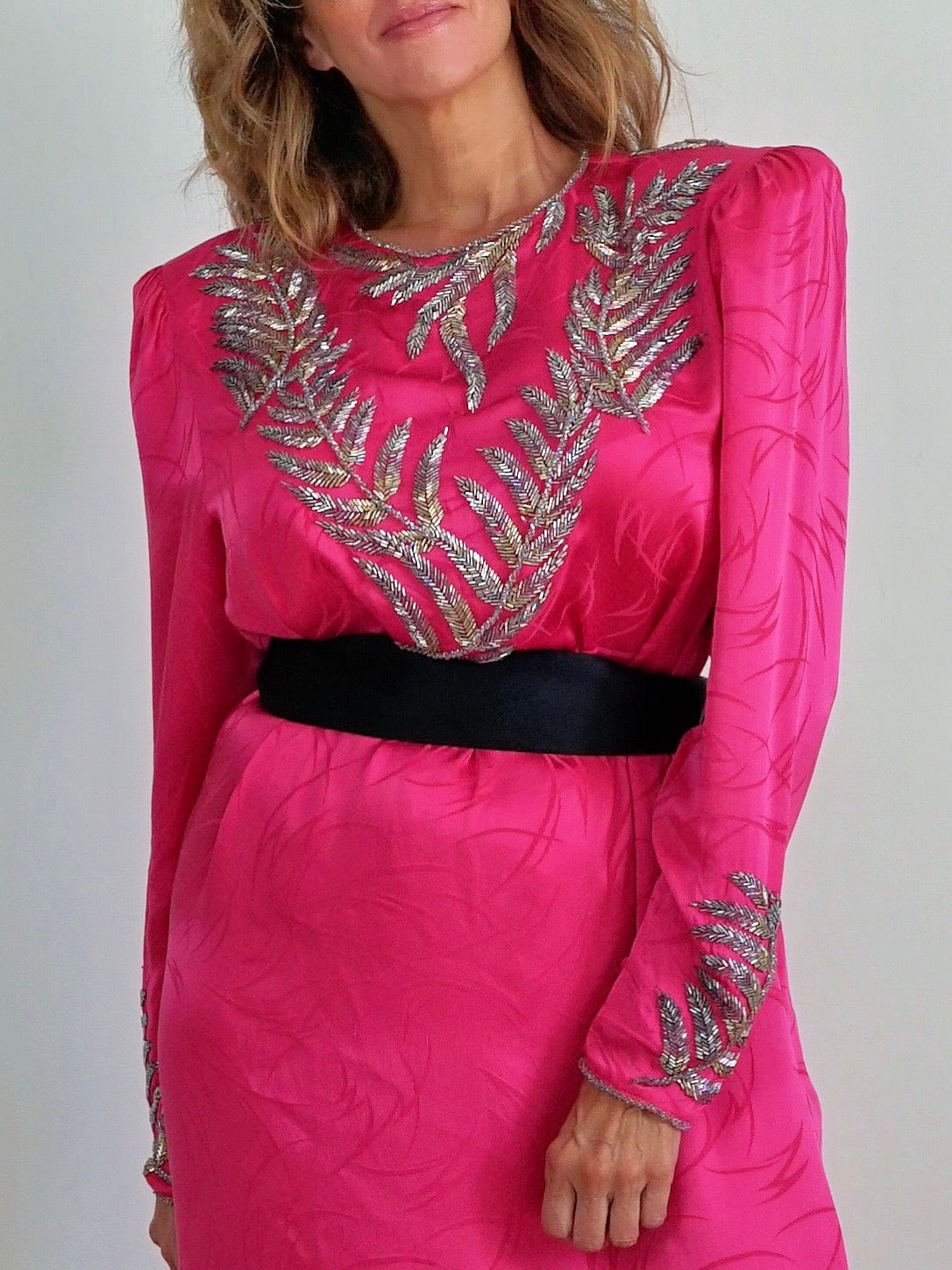 80's Pink Silk Leaf Motif Dress-closiTherapi | vinTage