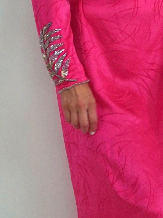 80's Pink Silk Leaf Motif Dress-closiTherapi | vinTage