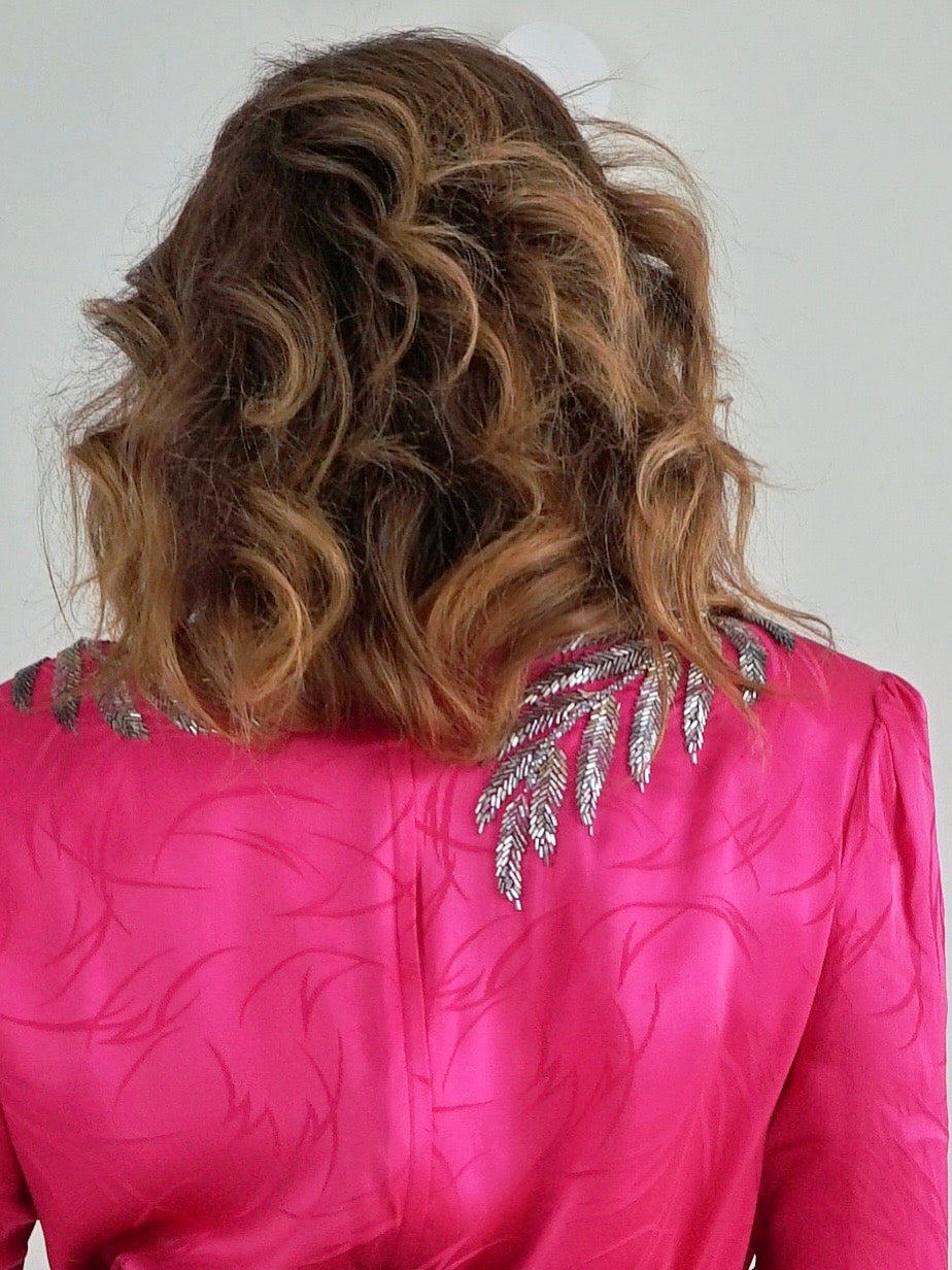 80's Pink Silk Leaf Motif Dress-closiTherapi | vinTage