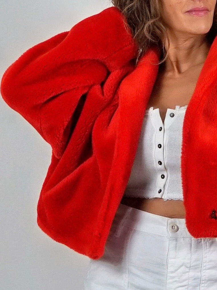 80's Red Fur Cropped Jacket-closiTherapi | vinTage