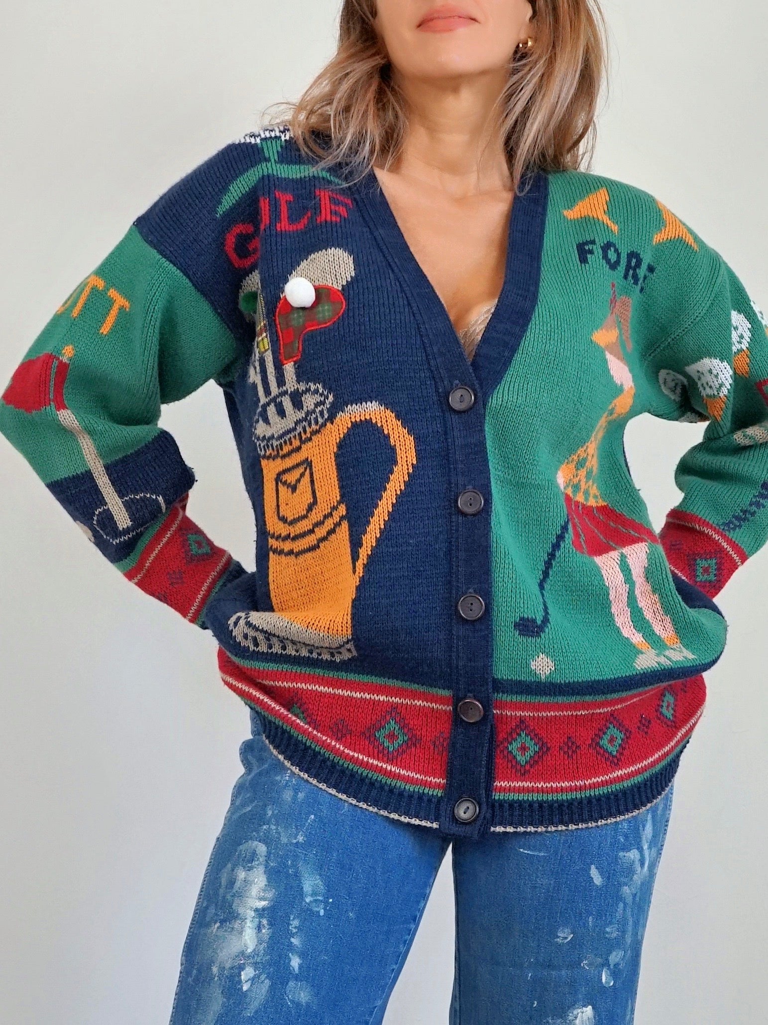 トップス 80s 90s ITALY cotton acryl cardigan EURO Vintage 80's Golf Motif Cardigan Sweater – therapi