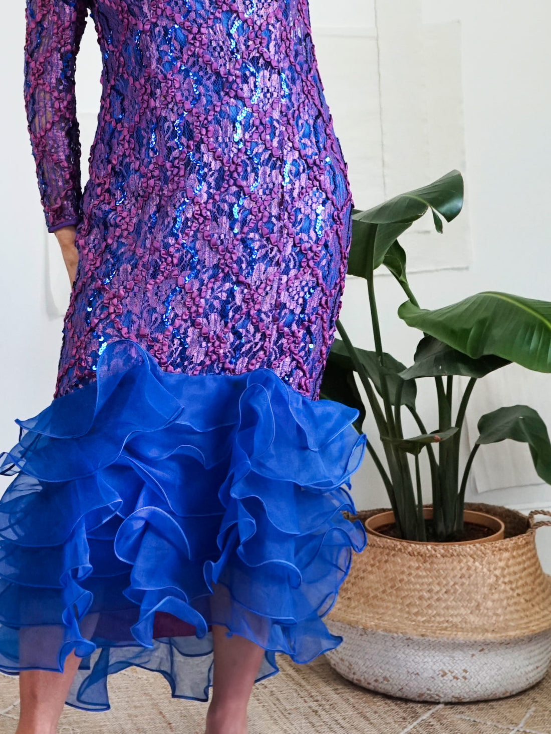 Vintage Purple Lace Sequin Ruffle Dress-closiTherapi | vinTage