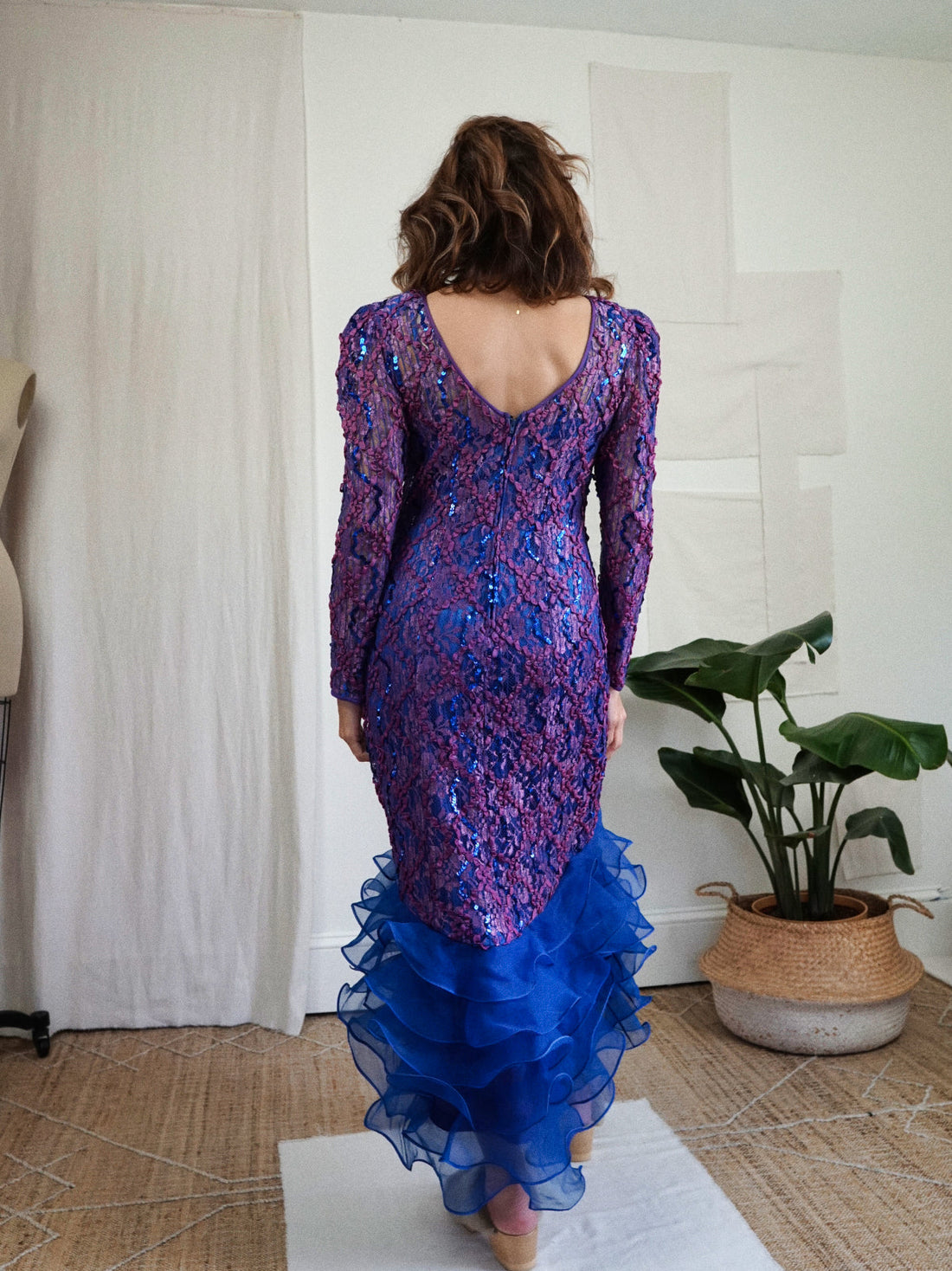Vintage Purple Lace Sequin Ruffle Dress-closiTherapi | vinTage