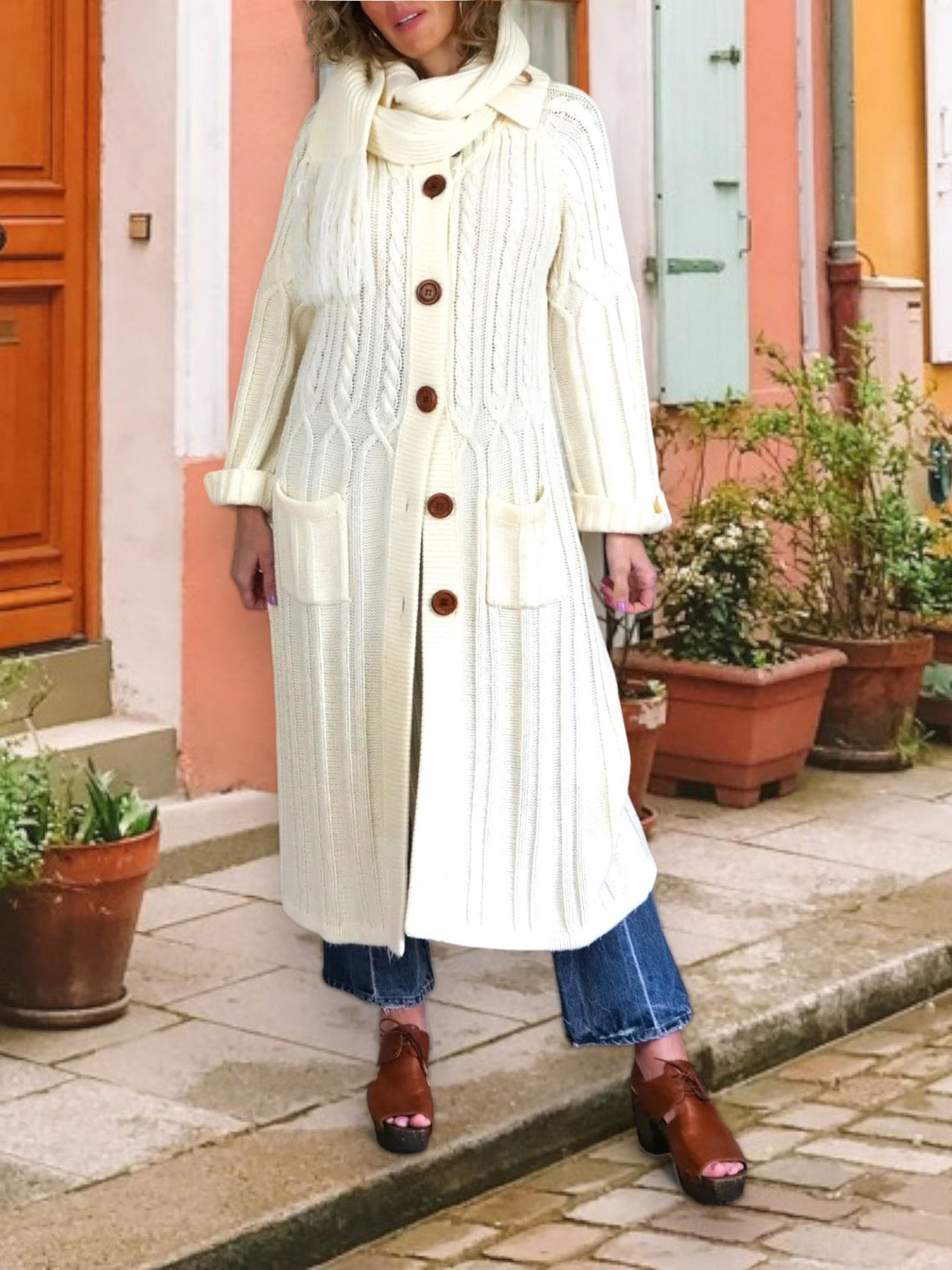 Vintage Vanilla Long Cable Knit Sweater-closiTherapi | vinTage
