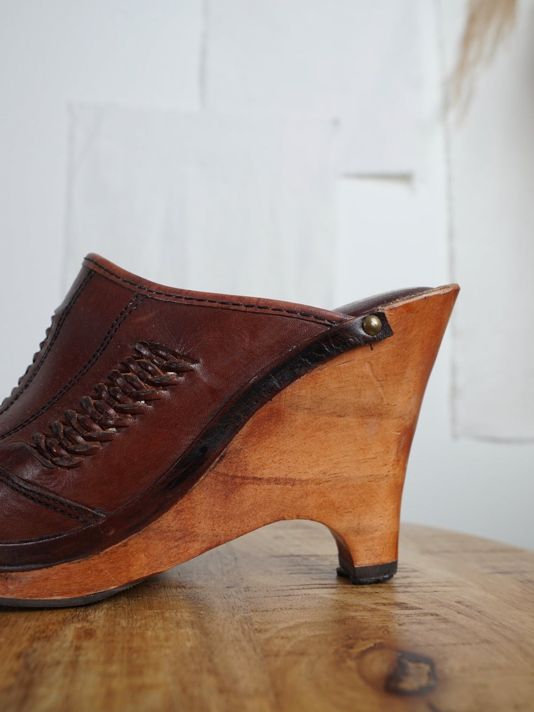 70's Cognac Braided Leather Platform Clogs | 7.5-closiTherapi | vinTage