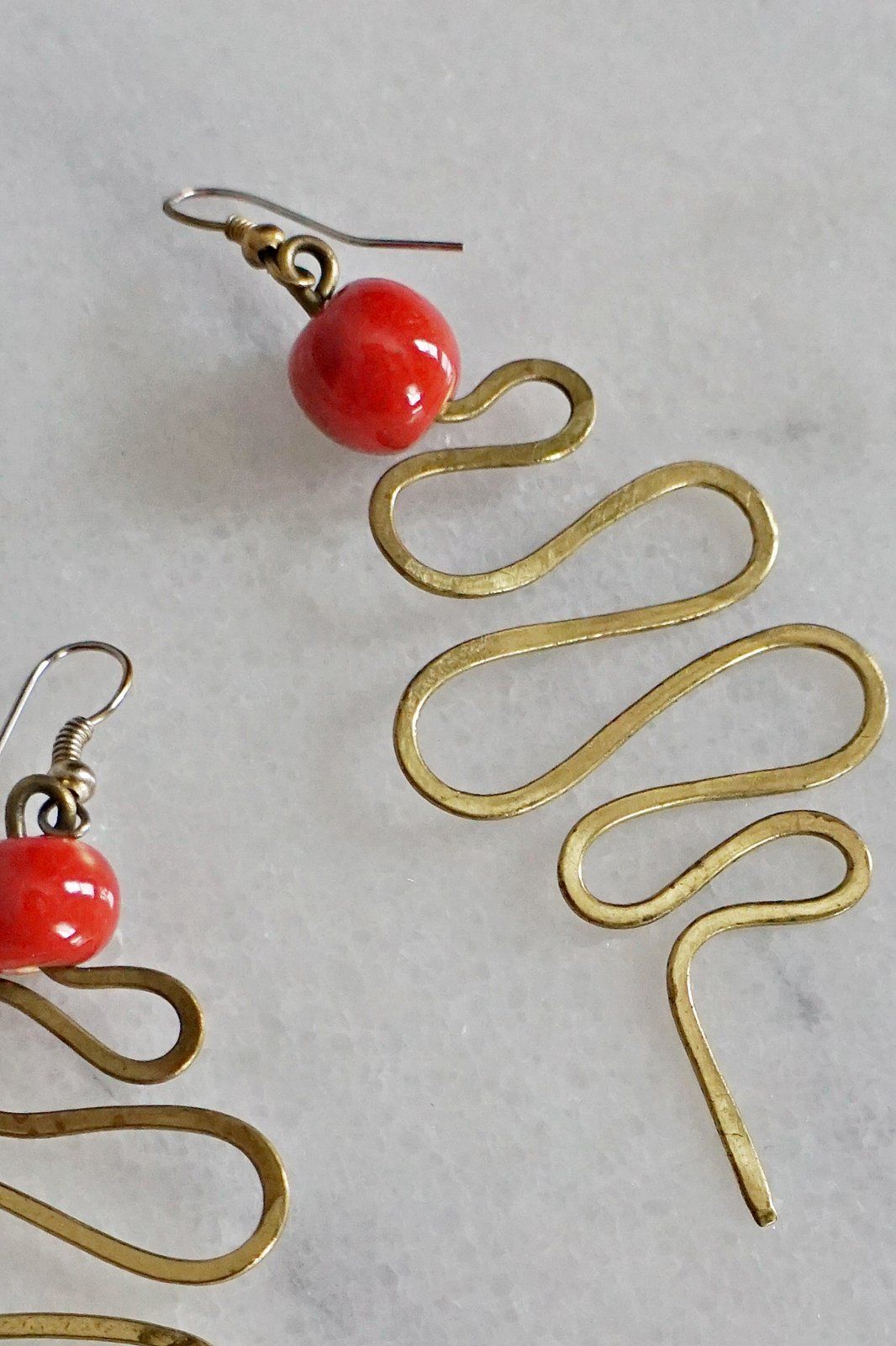 Brass Serpentine Red Bead Earrings-closiTherapi | vinTage