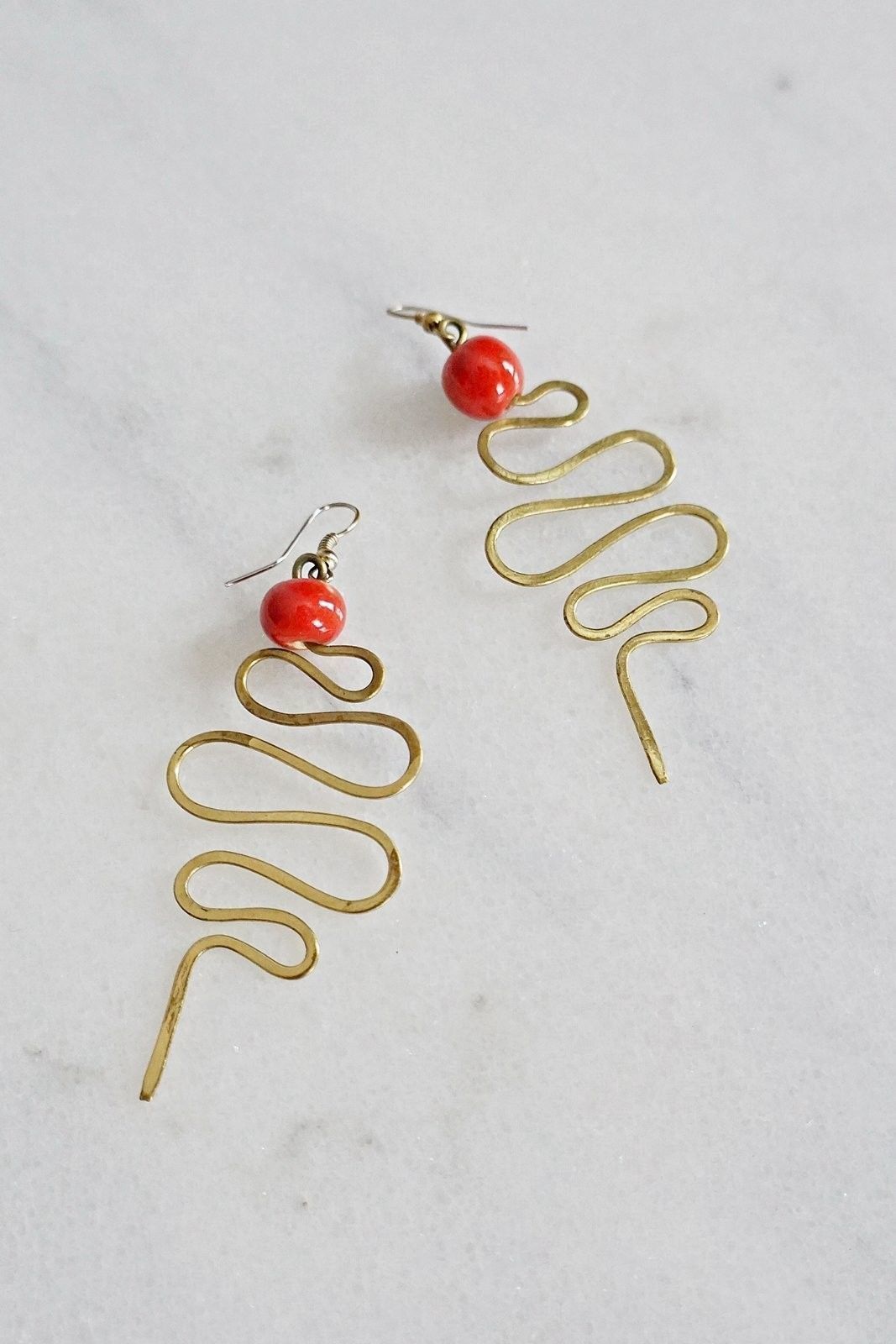 Brass Serpentine Red Bead Earrings-closiTherapi | vinTage