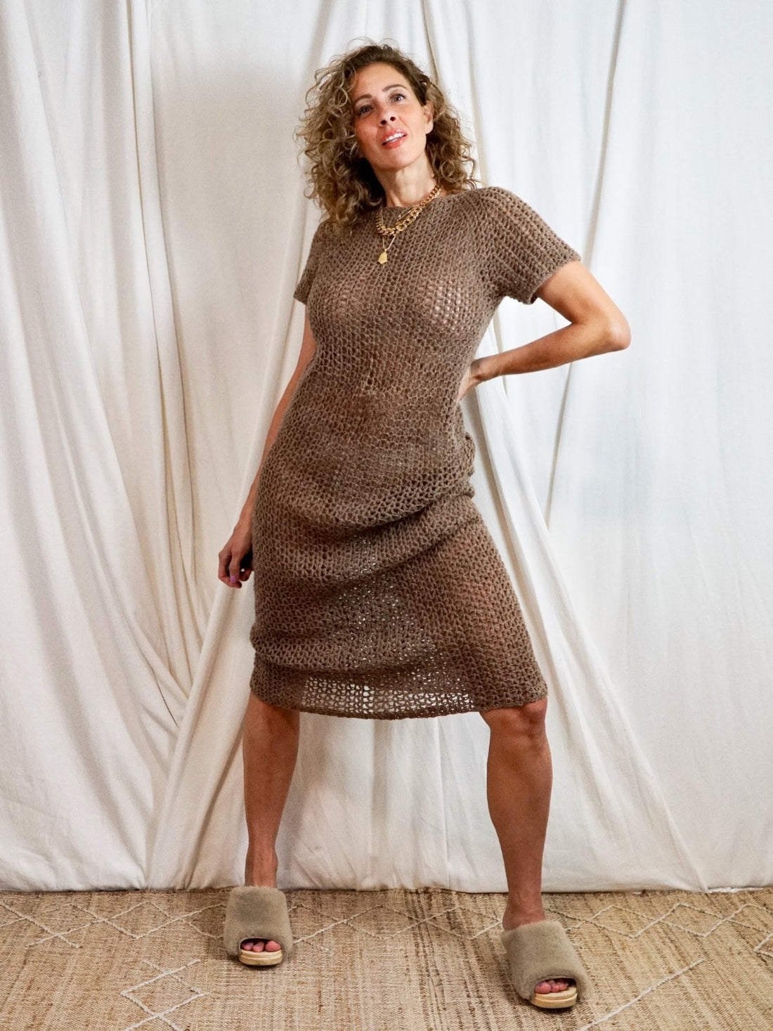 Handknit Nutmeg Fishnet Crochet Sweater Dress-closiTherapi | vinTage