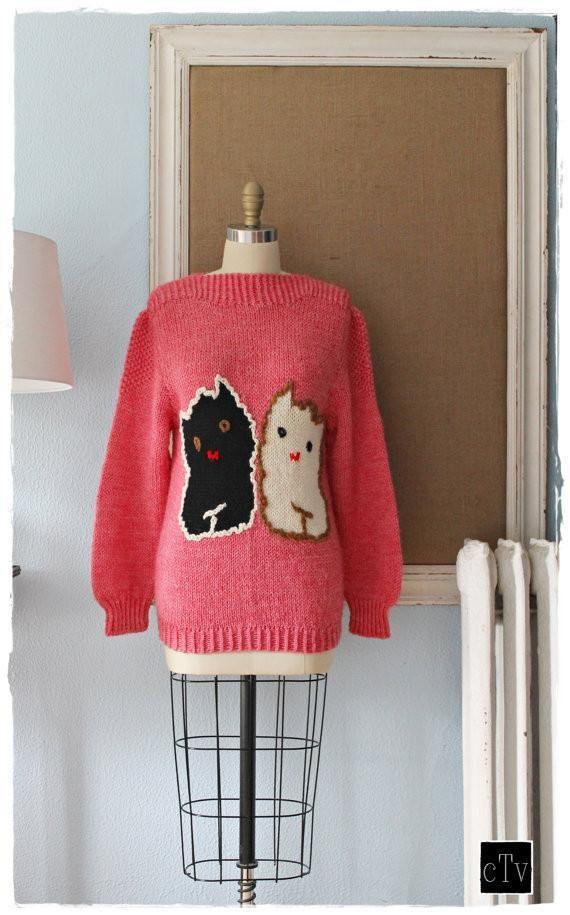 Tender Kittens "Xin Xing" Heather Pink Handknit Sweater-closiTherapi | vinTage