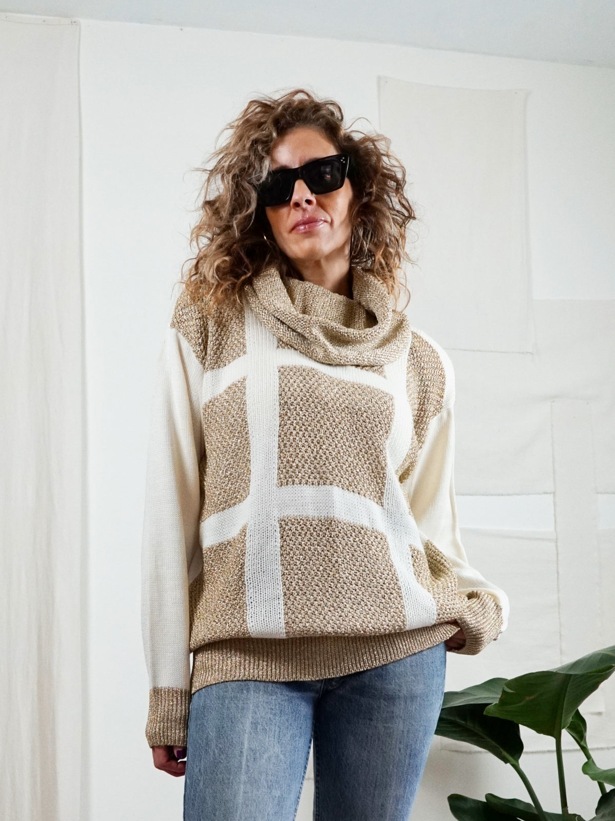 Vintage 80's Gold Metallic Cowlneck Sweater-closiTherapi | vinTage