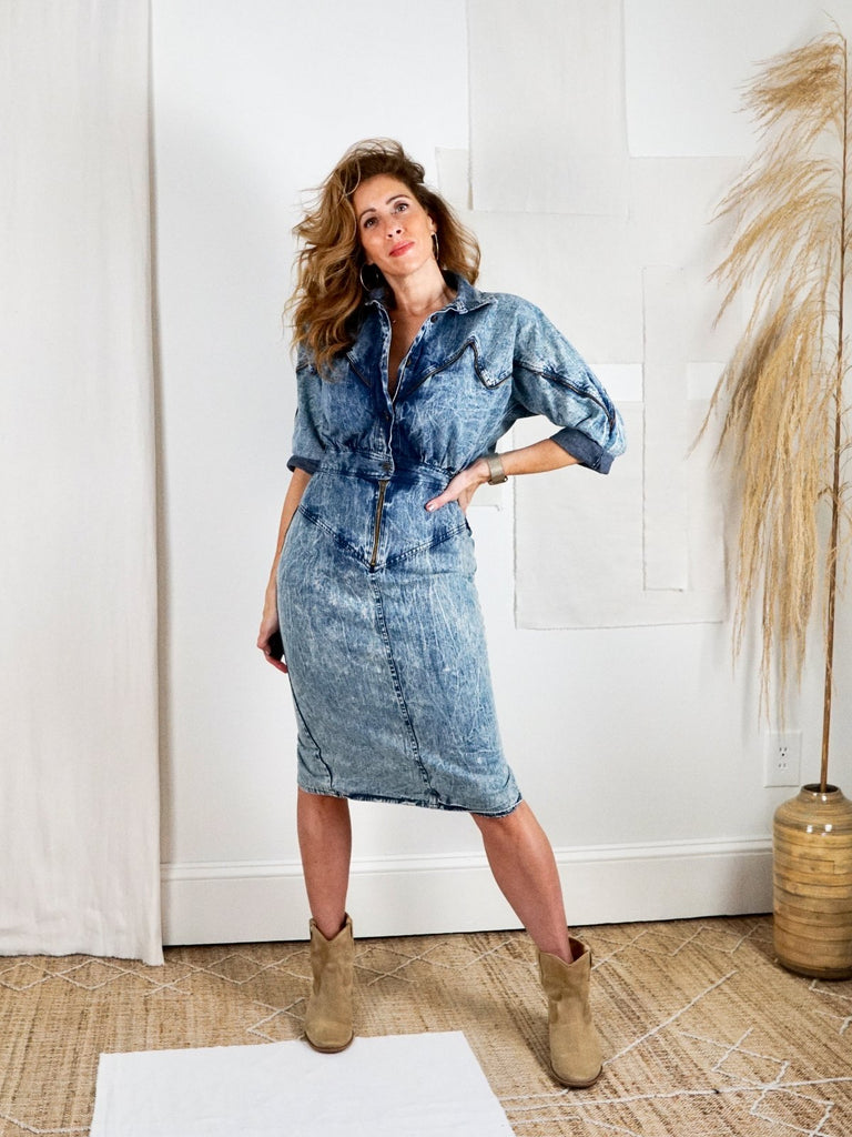 white christmas dresses Vintage Acid Wash Denim Zipper Dress