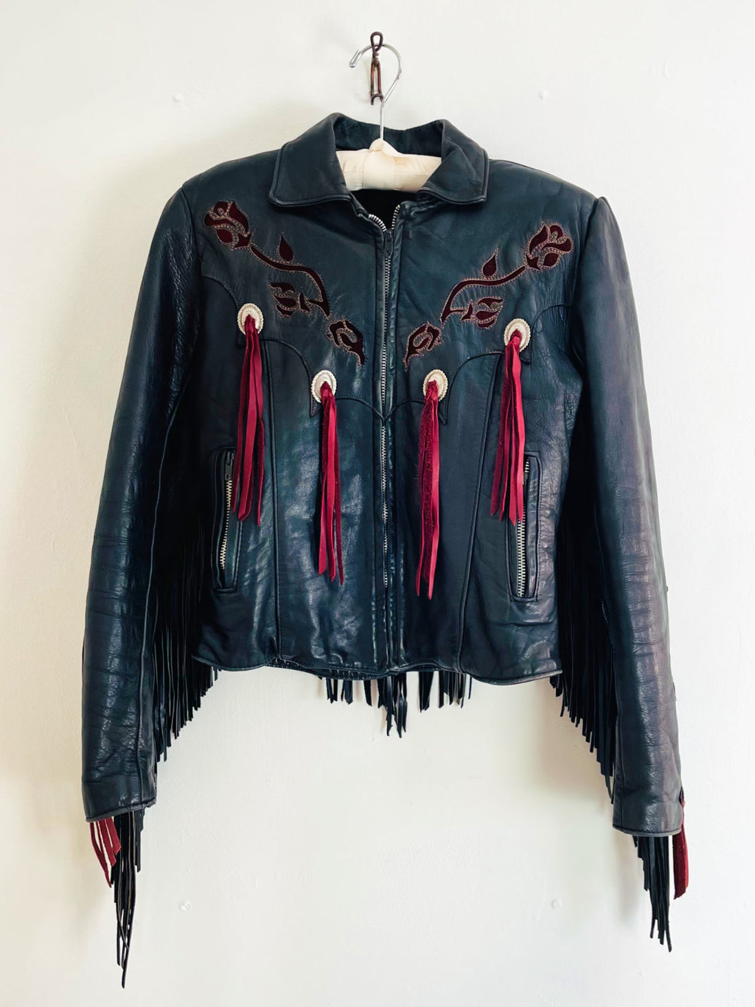 Vintage Black Leather Fringe Rose Jacket-closiTherapi | vinTage