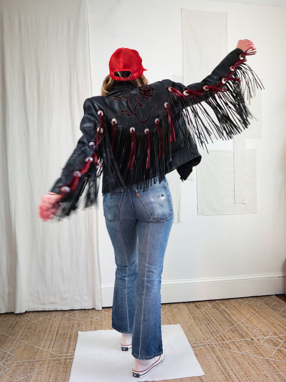 Vintage Black Leather Fringe Rose Jacket-closiTherapi | vinTage