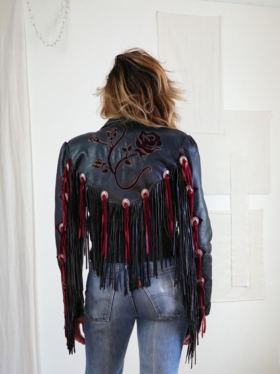 Vintage Black Leather Fringe Rose Jacket-closiTherapi | vinTage