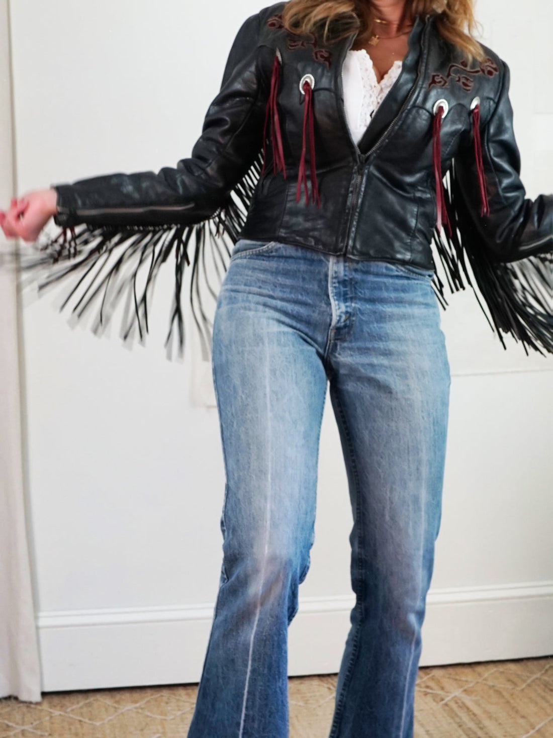 Vintage Black Leather Fringe Rose Jacket-closiTherapi | vinTage