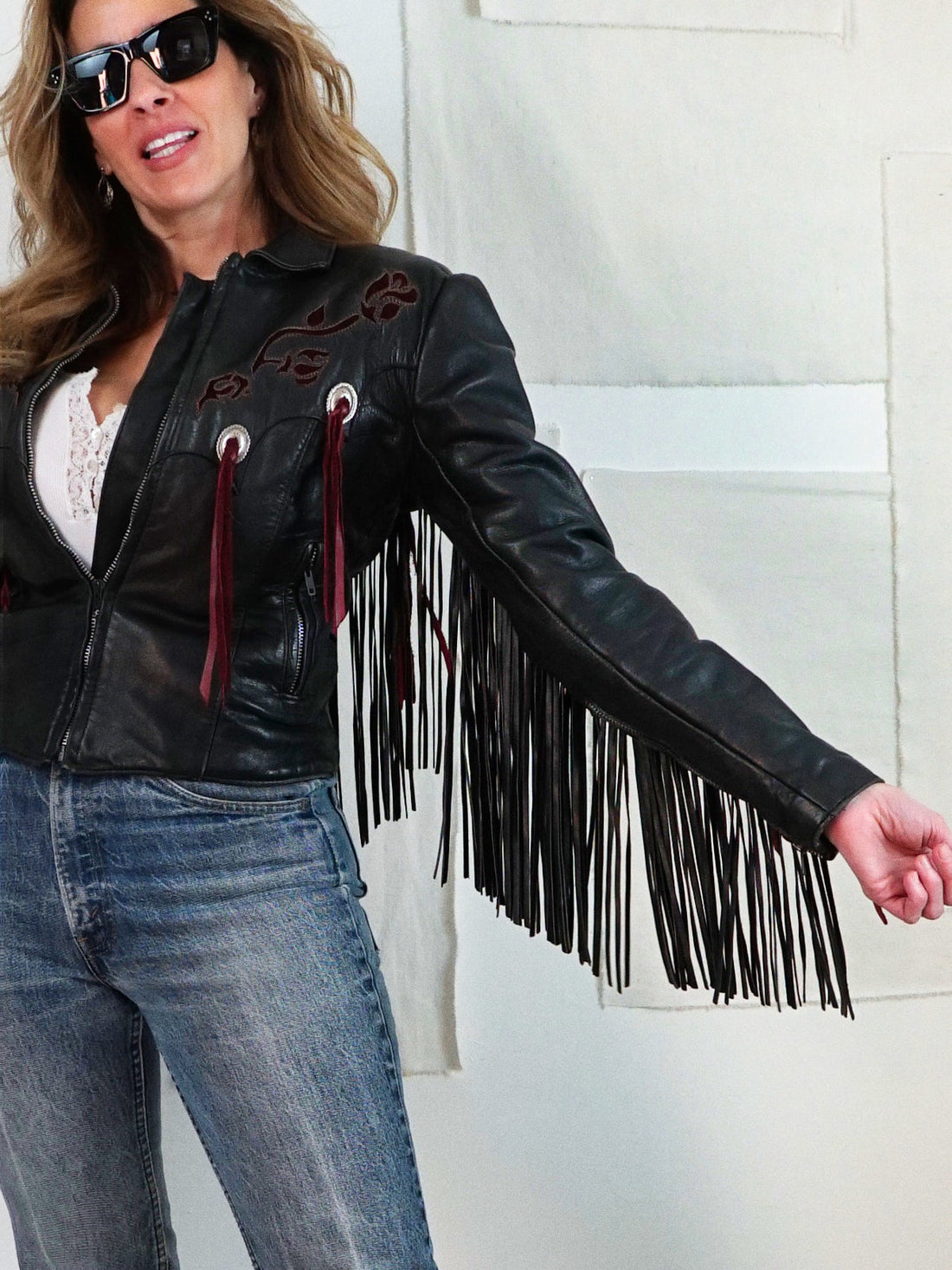 Vintage Black Leather Fringe Rose Jacket-closiTherapi | vinTage