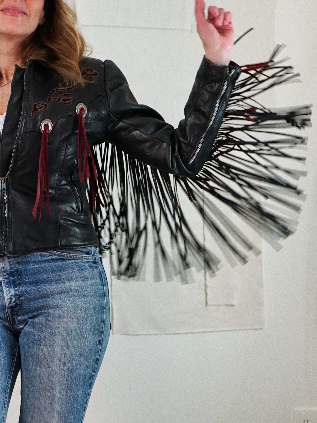 Vintage Black Leather Fringe Rose Jacket-closiTherapi | vinTage