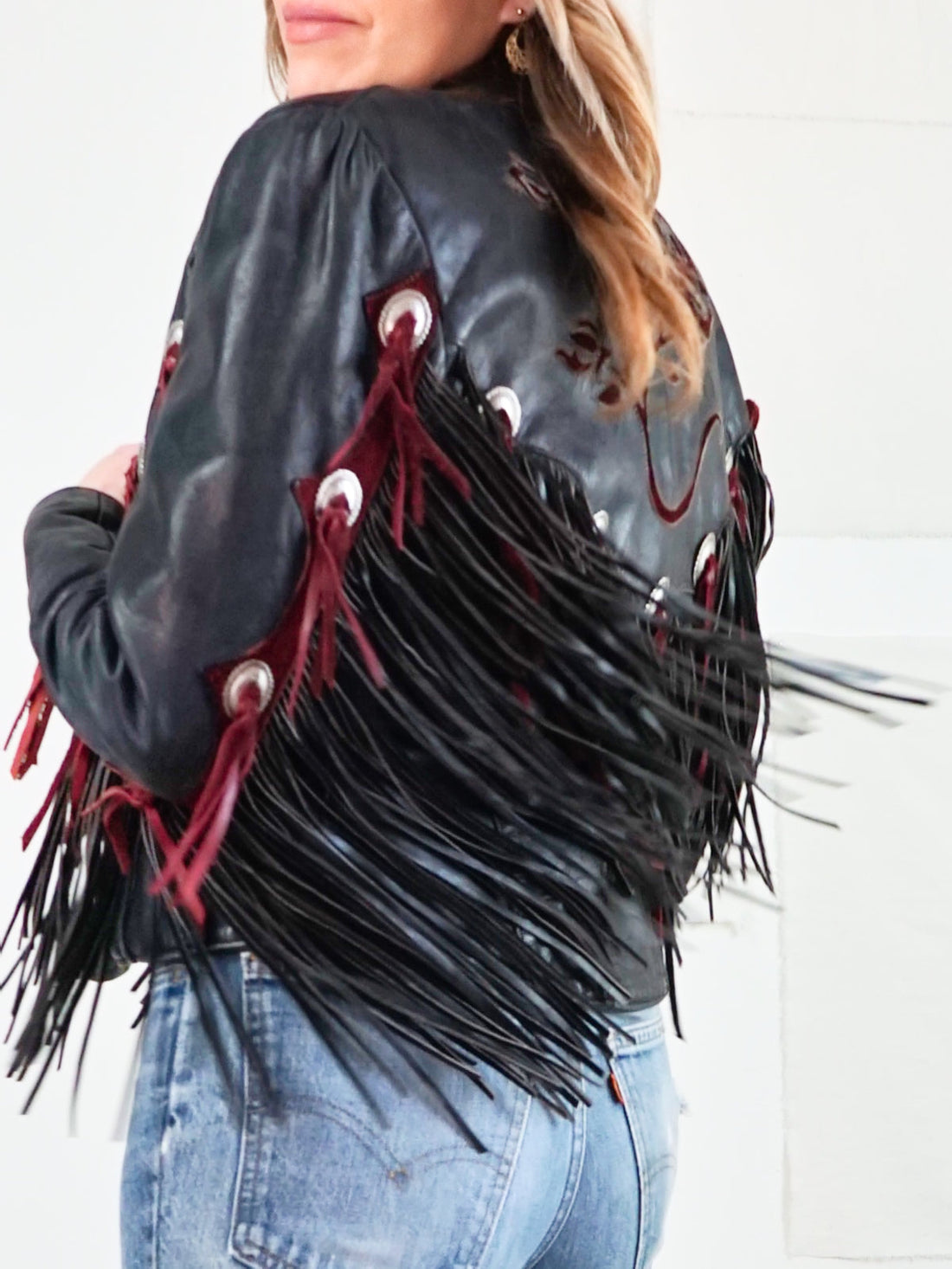 Vintage Black Leather Fringe Rose Jacket-closiTherapi | vinTage