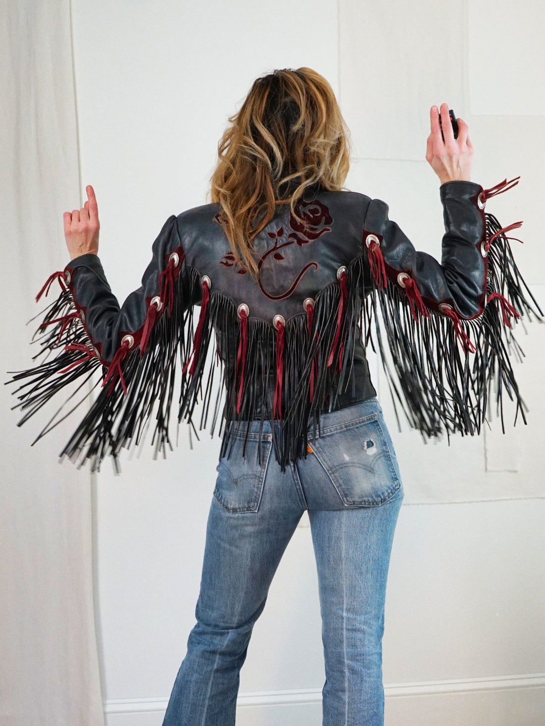 Vintage Black Leather Fringe Rose Jacket-closiTherapi | vinTage