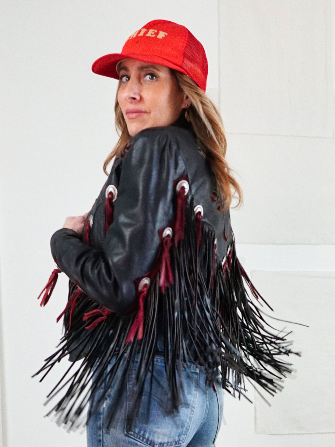 Vintage Black Leather Fringe Rose Jacket-closiTherapi | vinTage