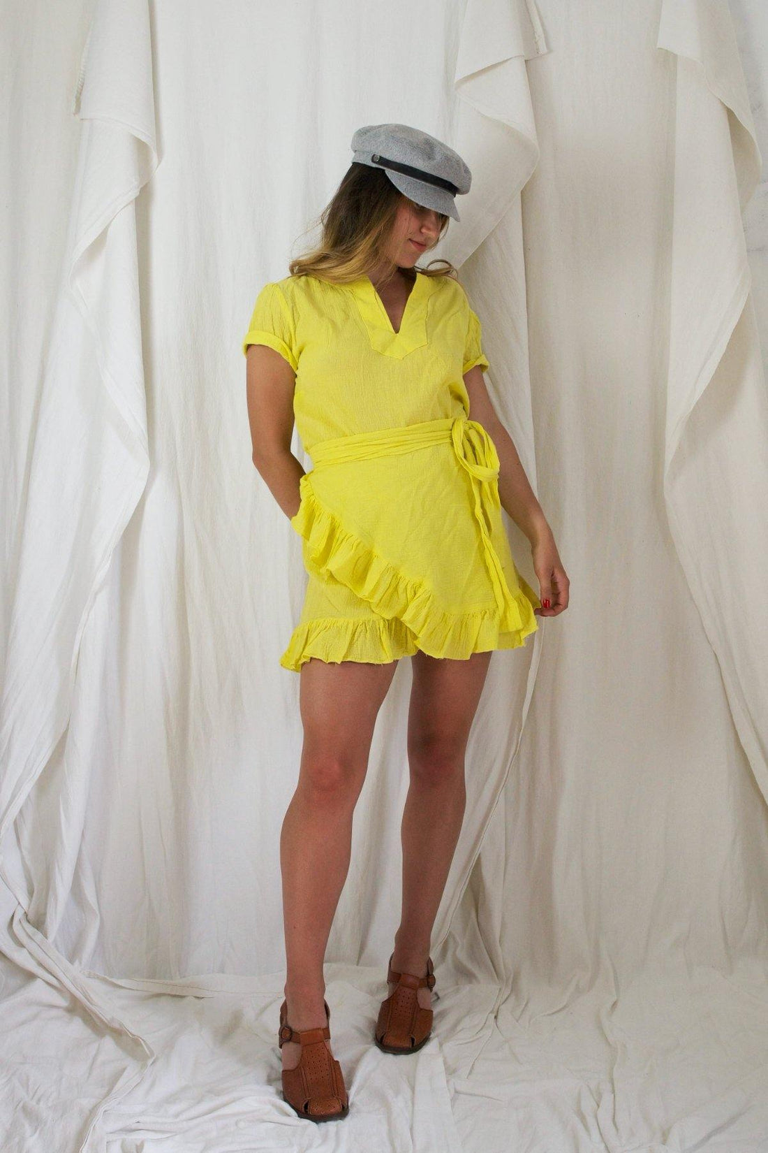 Vintage Canary Wrap Ruffle Dress-closiTherapi | vinTage