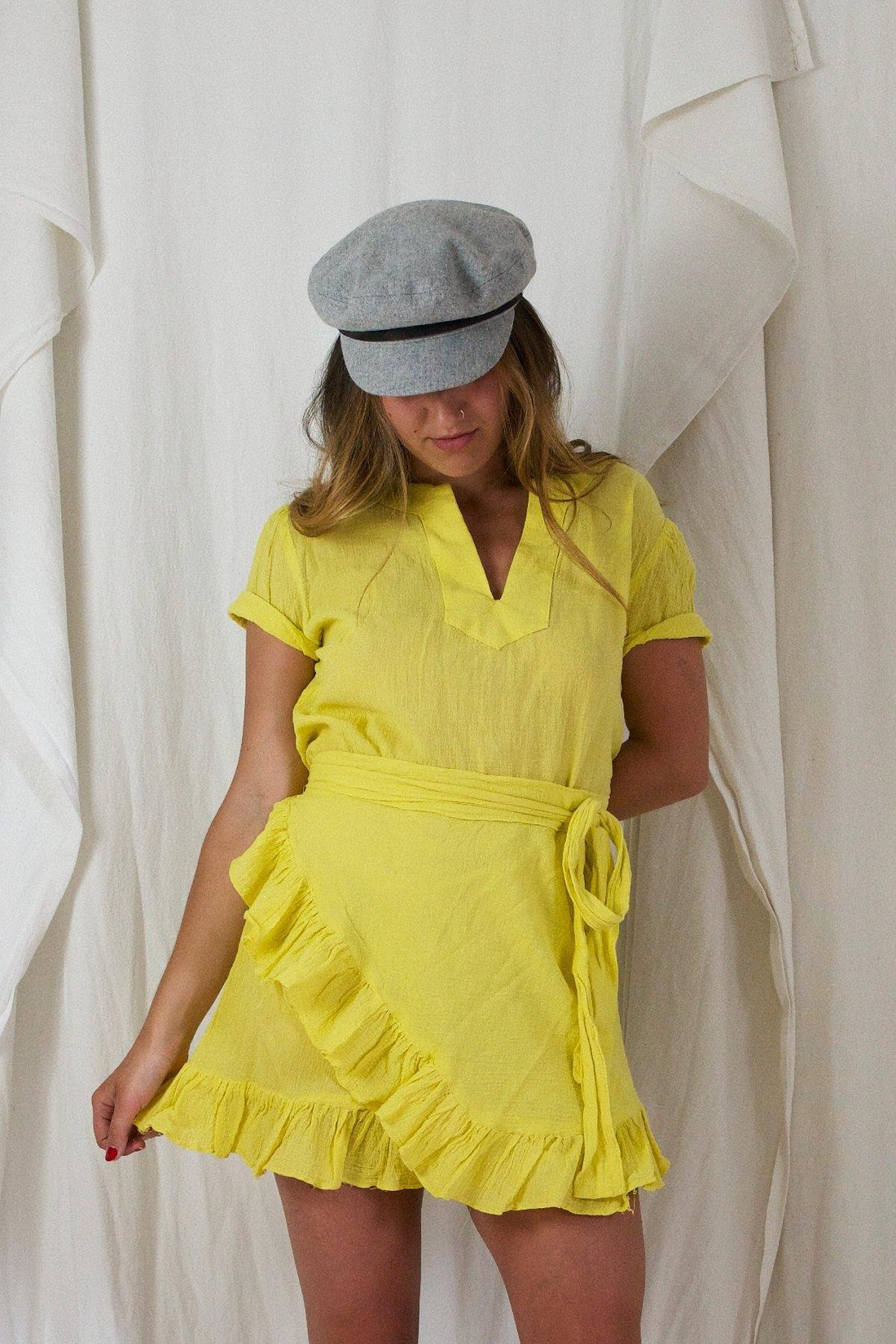 Vintage Canary Wrap Ruffle Dress-closiTherapi | vinTage
