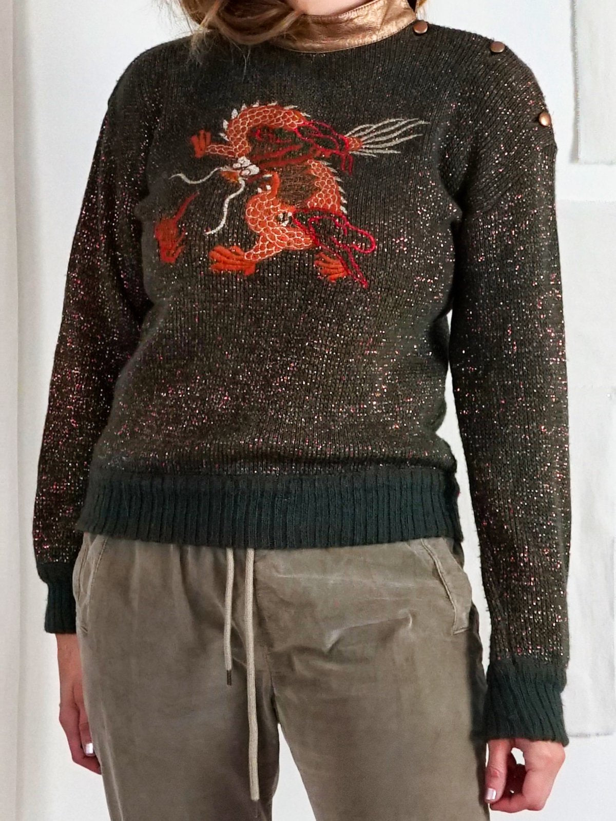 Vintage Dragon Metallic Leather Sweater-closiTherapi | vinTage