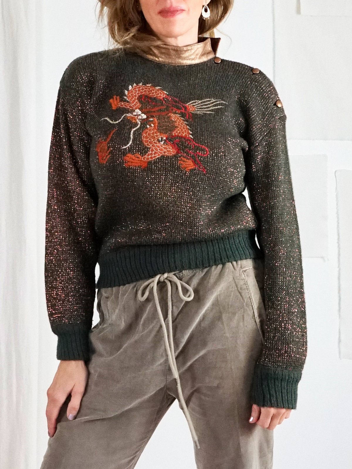 Vintage Dragon Metallic Leather Sweater-closiTherapi | vinTage