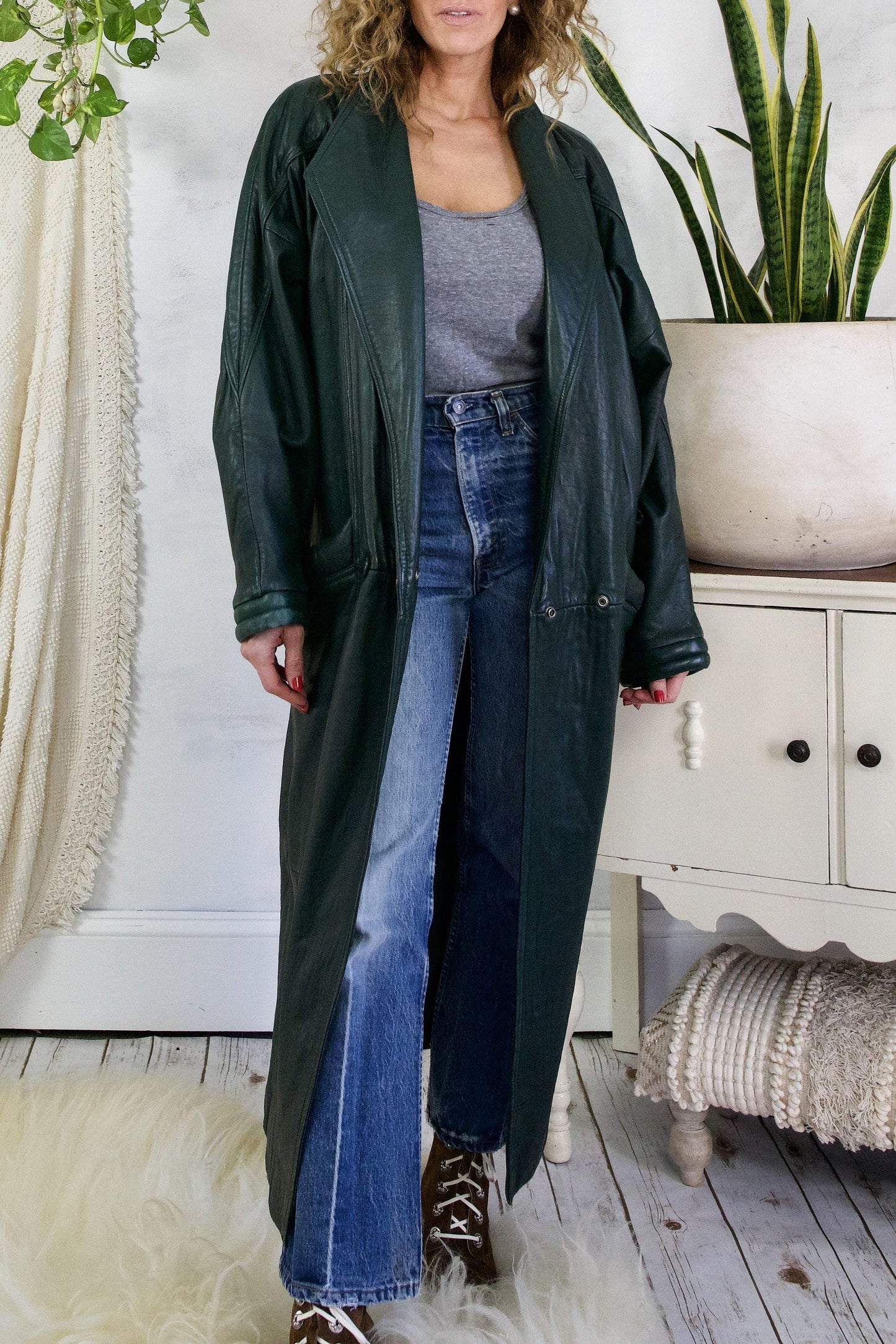 Vintage Evergreen Maxi Quilted Leather Coat-closiTherapi | vinTage