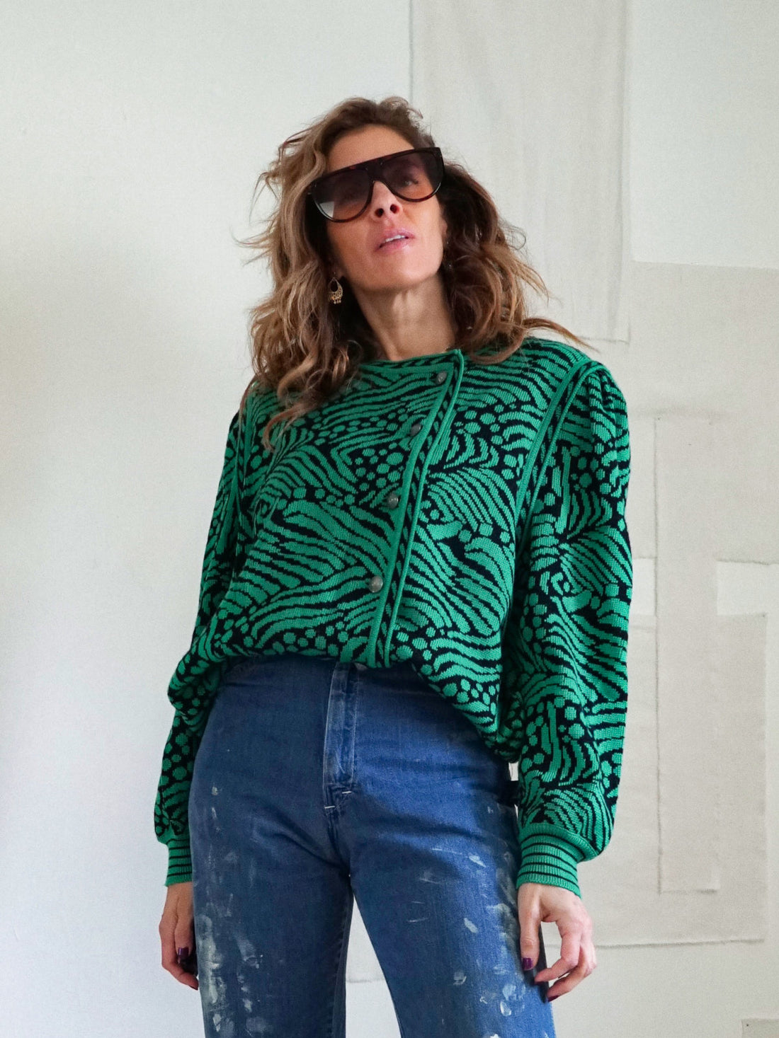 Vintage Green Abstract Print Sweater-closiTherapi | vinTage