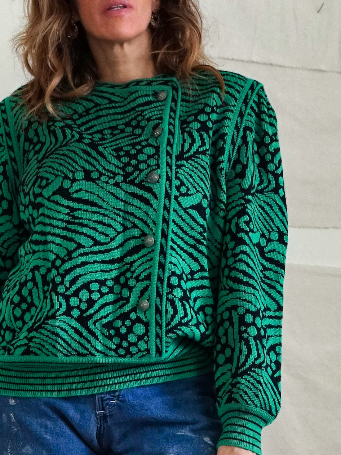 Vintage Green Abstract Print Sweater-closiTherapi | vinTage