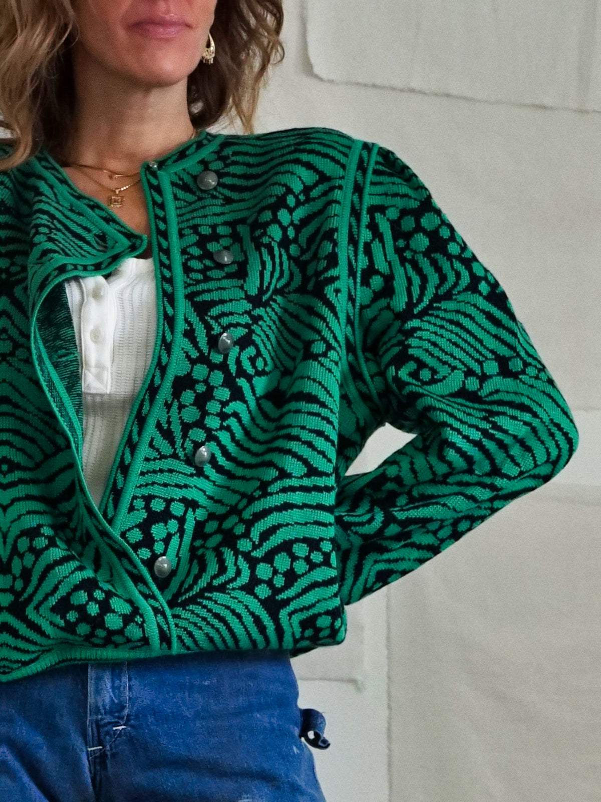 Vintage Green Abstract Print Sweater-closiTherapi | vinTage