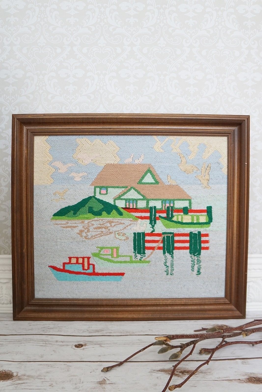 Vintage Handmade Boating Scene Framed Art-closiTherapi | vinTage