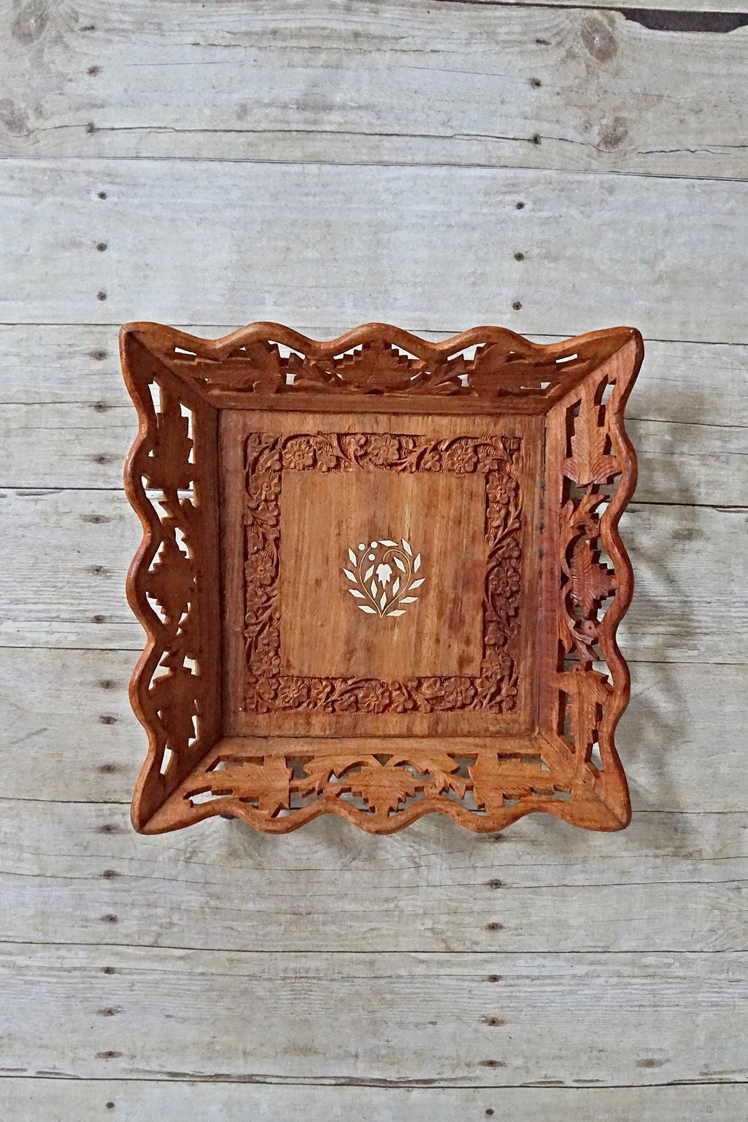 Vintage Handmade Carved Wood Inlay Tray-closiTherapi | vinTage