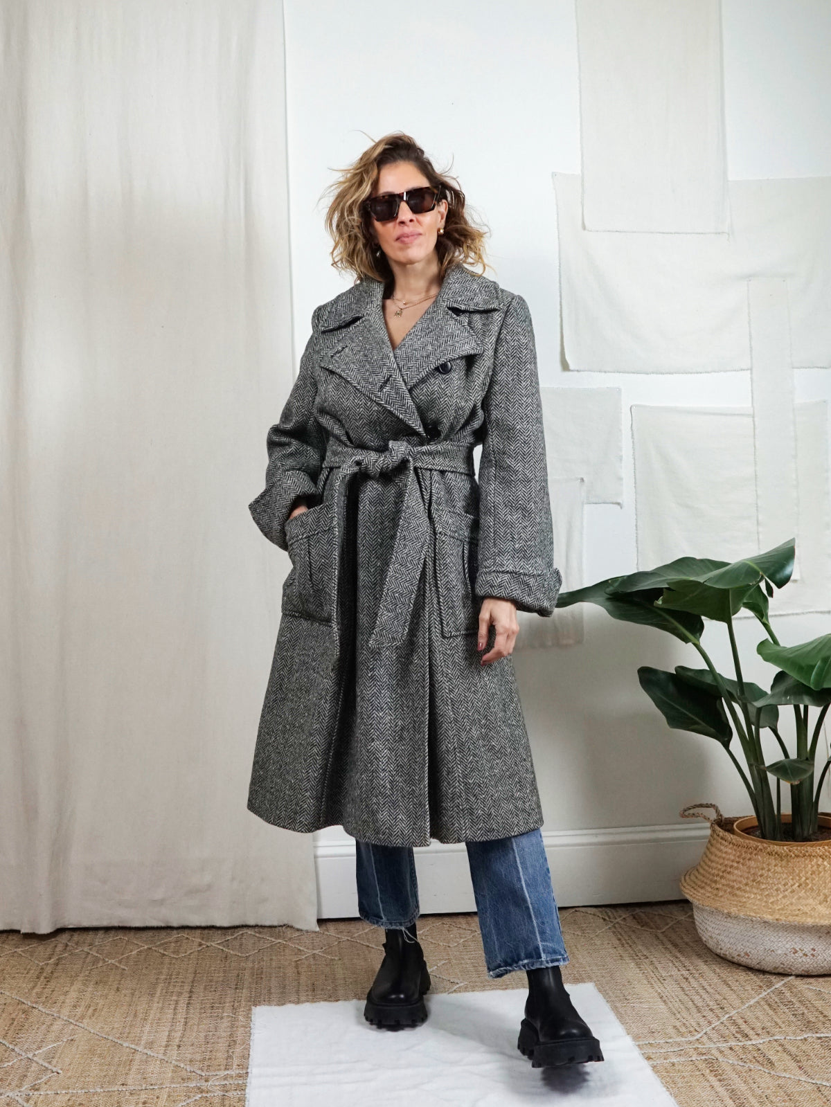Vintage Herringbone Wool Belted Coat therapi