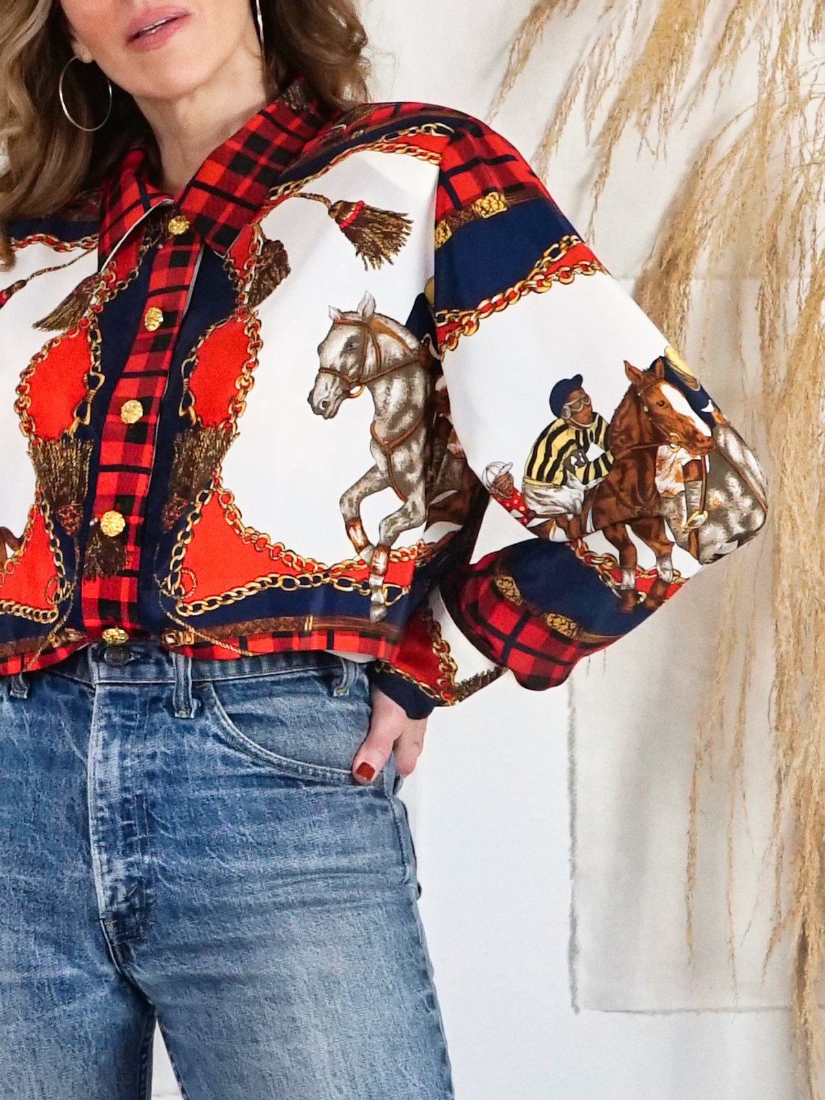 Vintage Horse Motif Plaid Blouse-closiTherapi | vinTage
