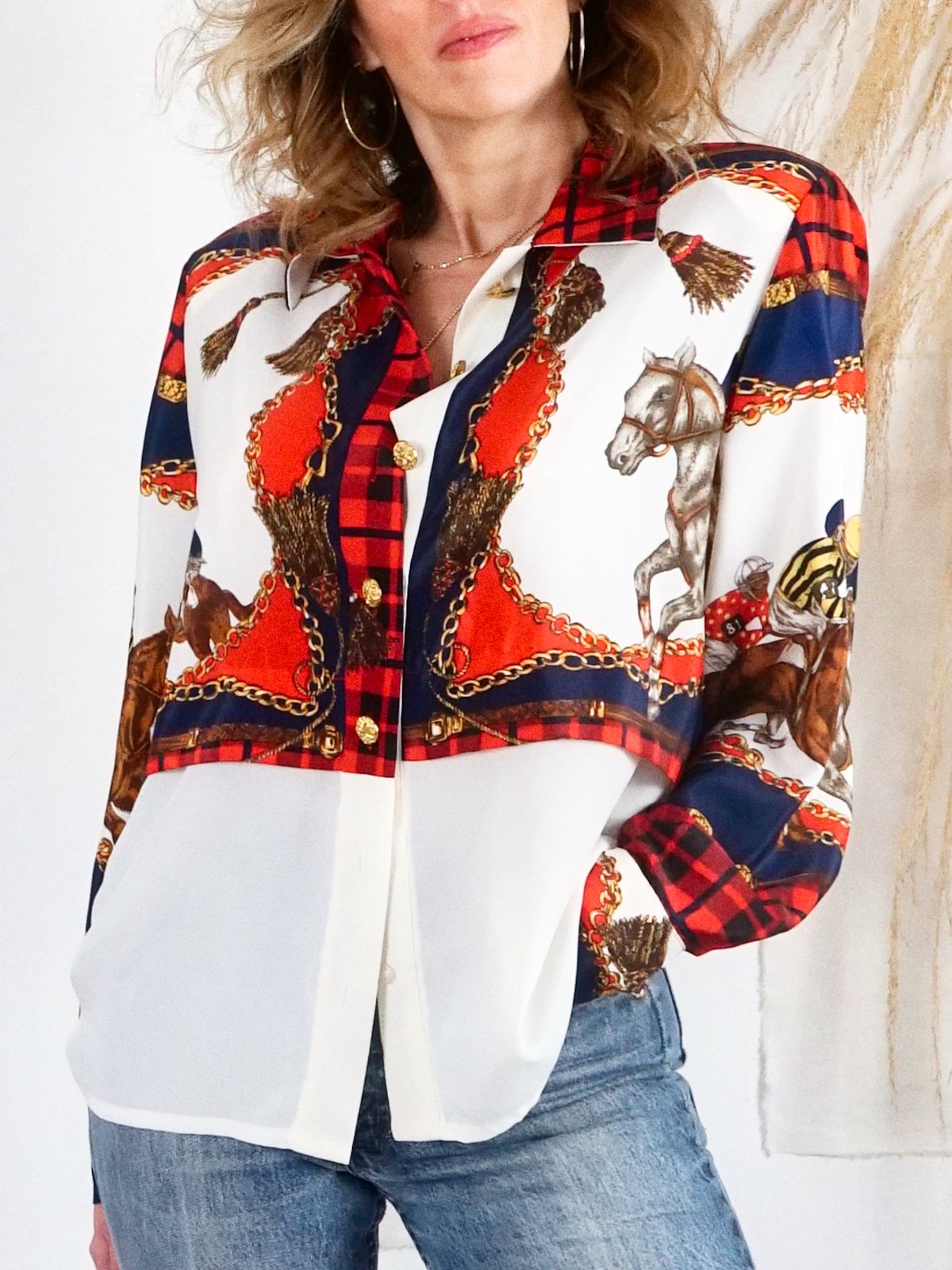 Vintage Horse Motif Plaid Blouse-closiTherapi | vinTage