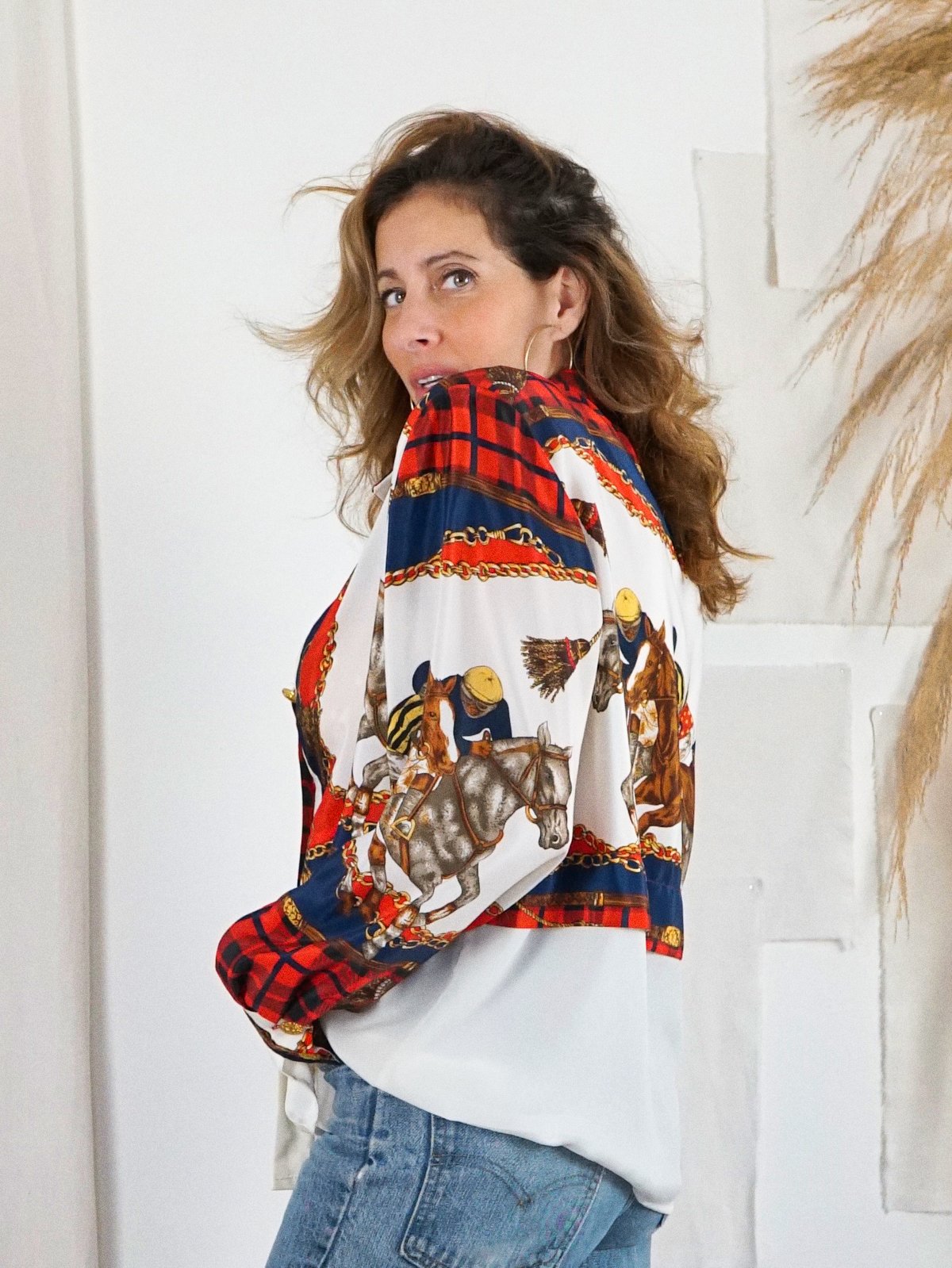 Vintage Horse Motif Plaid Blouse-closiTherapi | vinTage