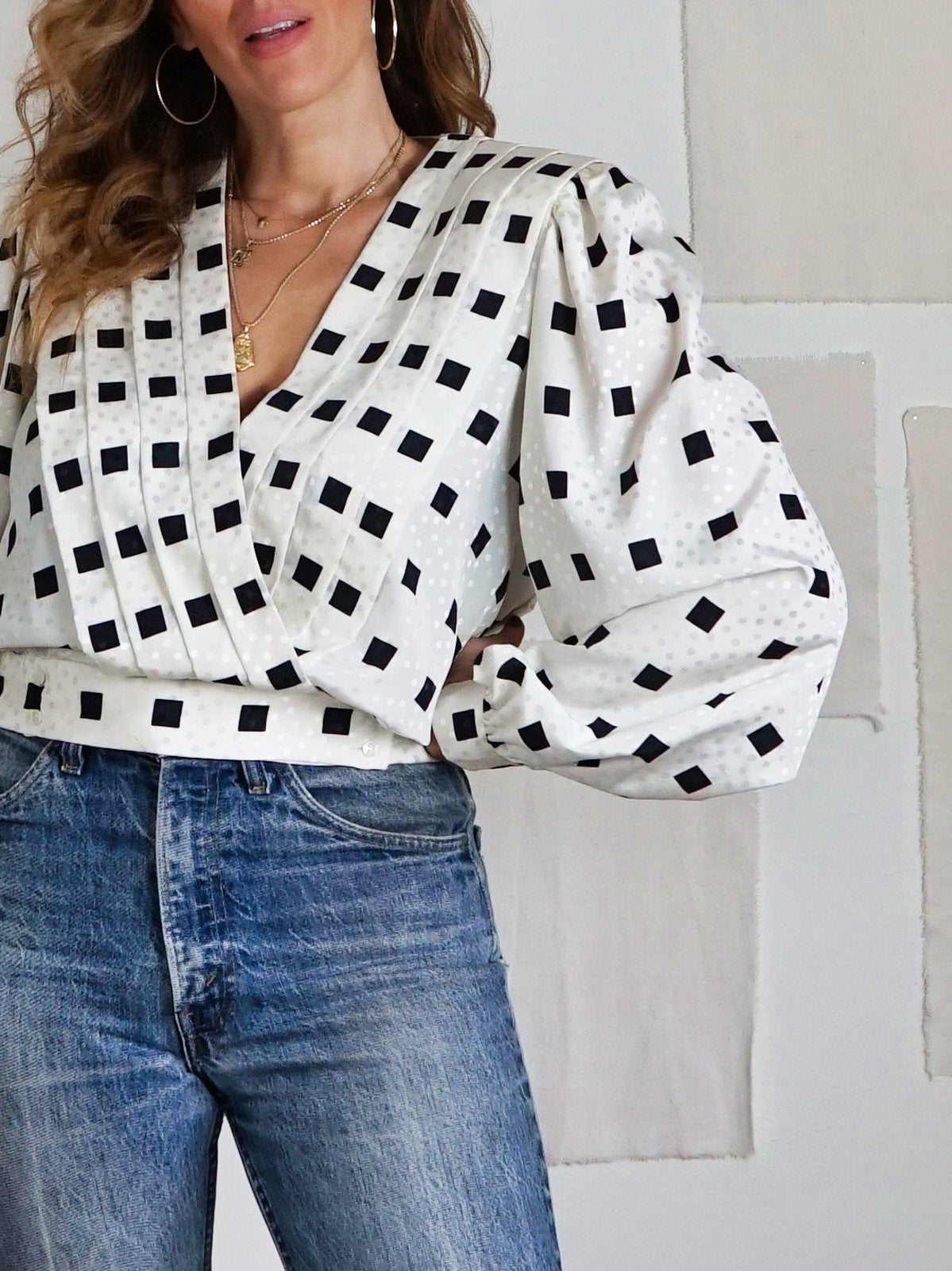 Vintage Pleated Square Pattern Wrap Blouse-closiTherapi | vinTage