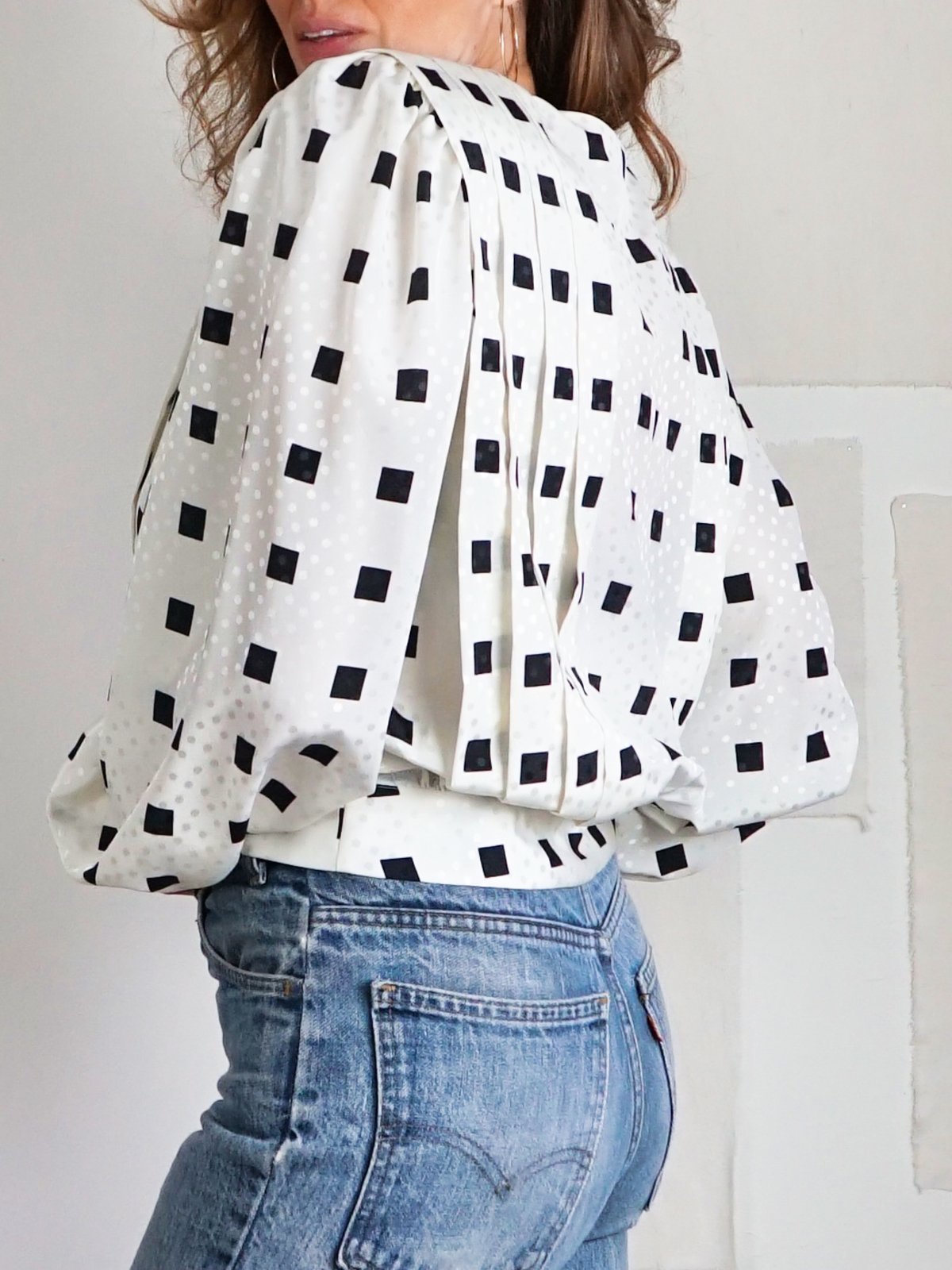 Vintage Pleated Square Pattern Wrap Blouse-closiTherapi | vinTage