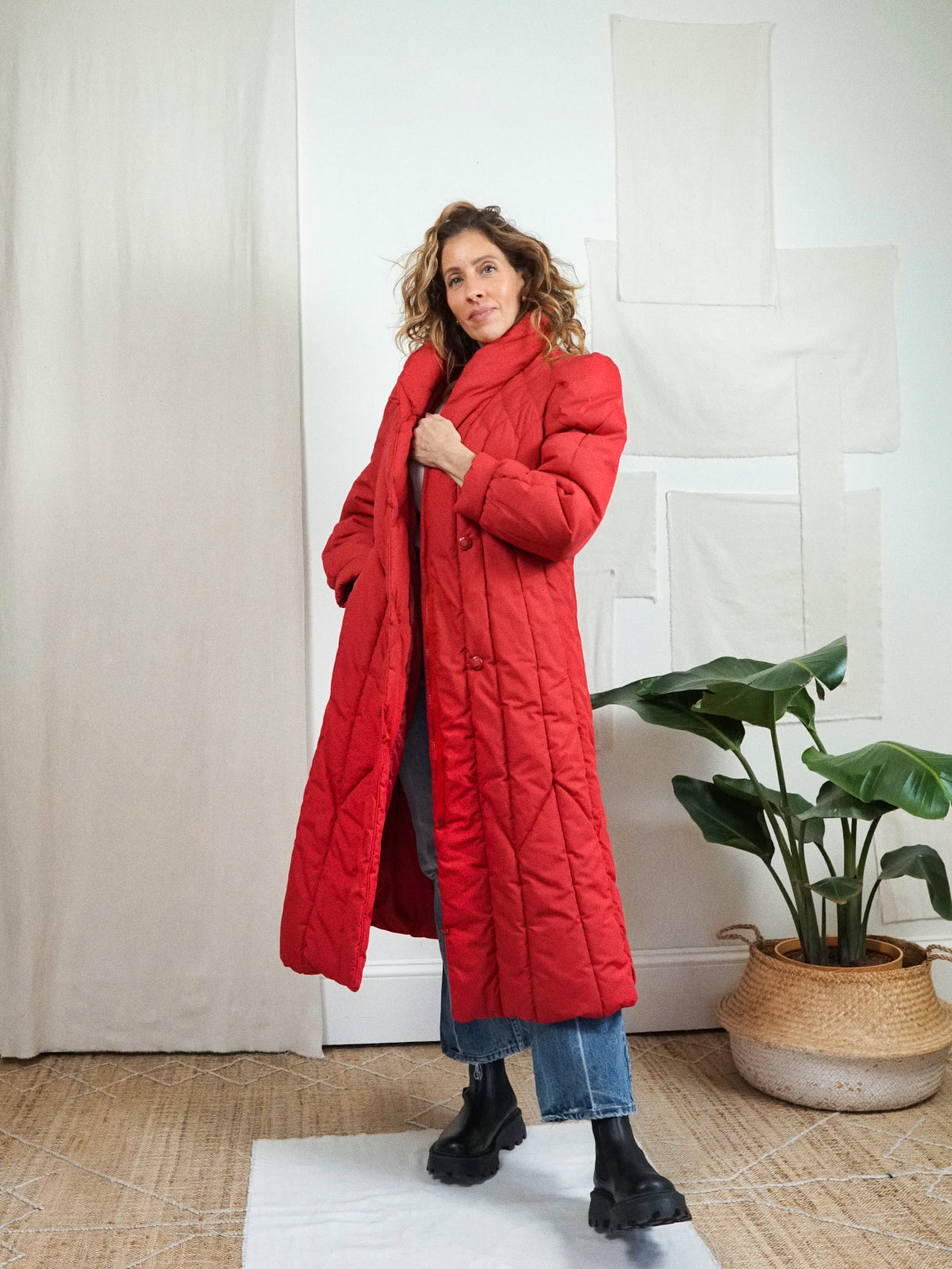 Long red quilted coat sale